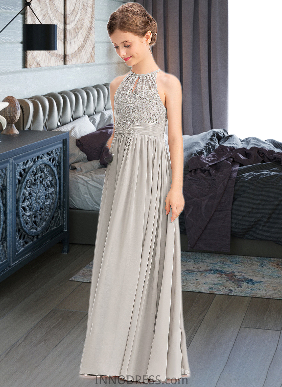 Florence A-Line Scoop Neck Floor-Length Chiffon Lace Junior Bridesmaid Dress With Ruffle DPP0013409