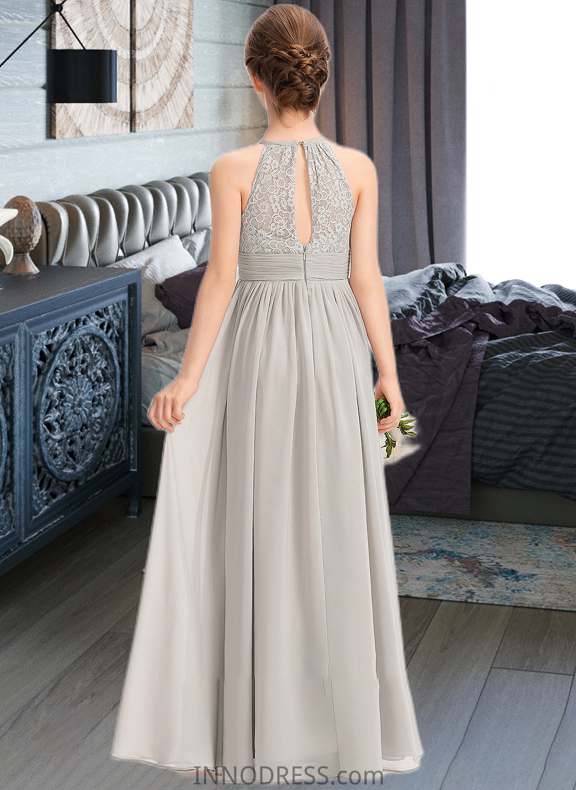 Florence A-Line Scoop Neck Floor-Length Chiffon Lace Junior Bridesmaid Dress With Ruffle DPP0013409