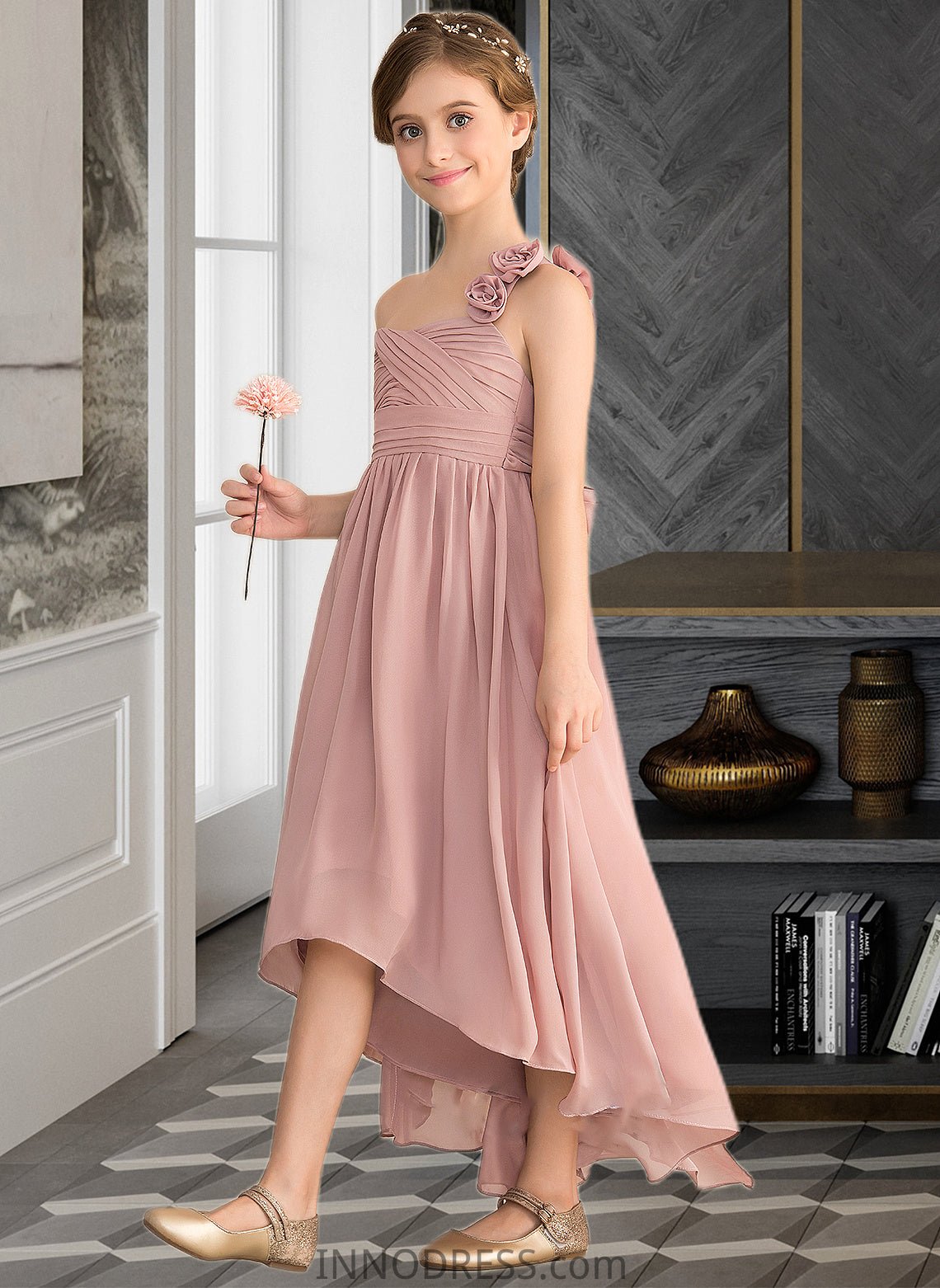 Maci A-Line One-Shoulder Asymmetrical Chiffon Junior Bridesmaid Dress With Ruffle Flower(s) Bow(s) DPP0013410