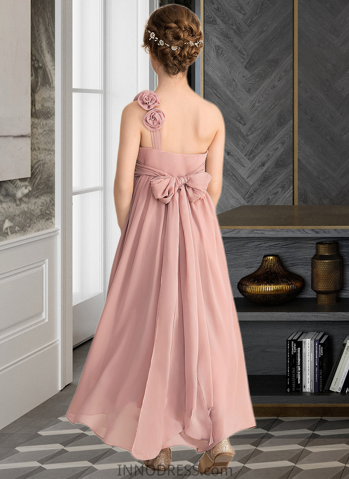 Maci A-Line One-Shoulder Asymmetrical Chiffon Junior Bridesmaid Dress With Ruffle Flower(s) Bow(s) DPP0013410