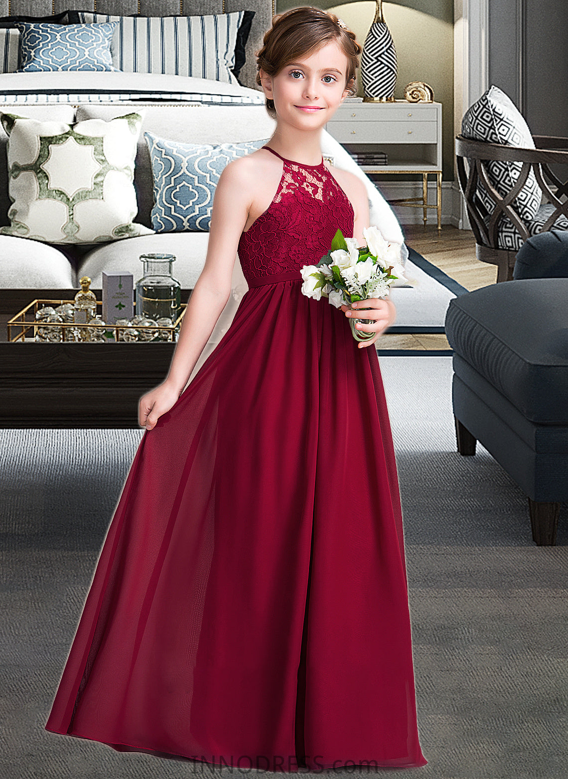 Sharon A-Line Scoop Neck Floor-Length Chiffon Junior Bridesmaid Dress DPP0013412