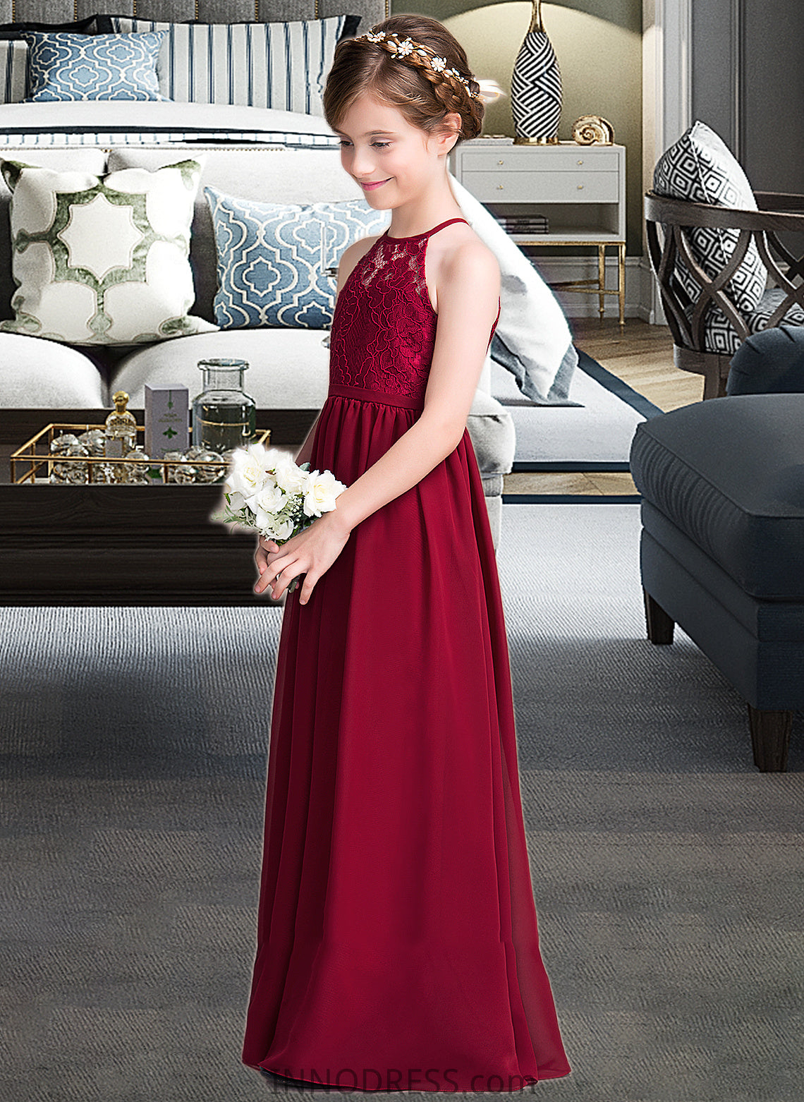 Sharon A-Line Scoop Neck Floor-Length Chiffon Junior Bridesmaid Dress DPP0013412