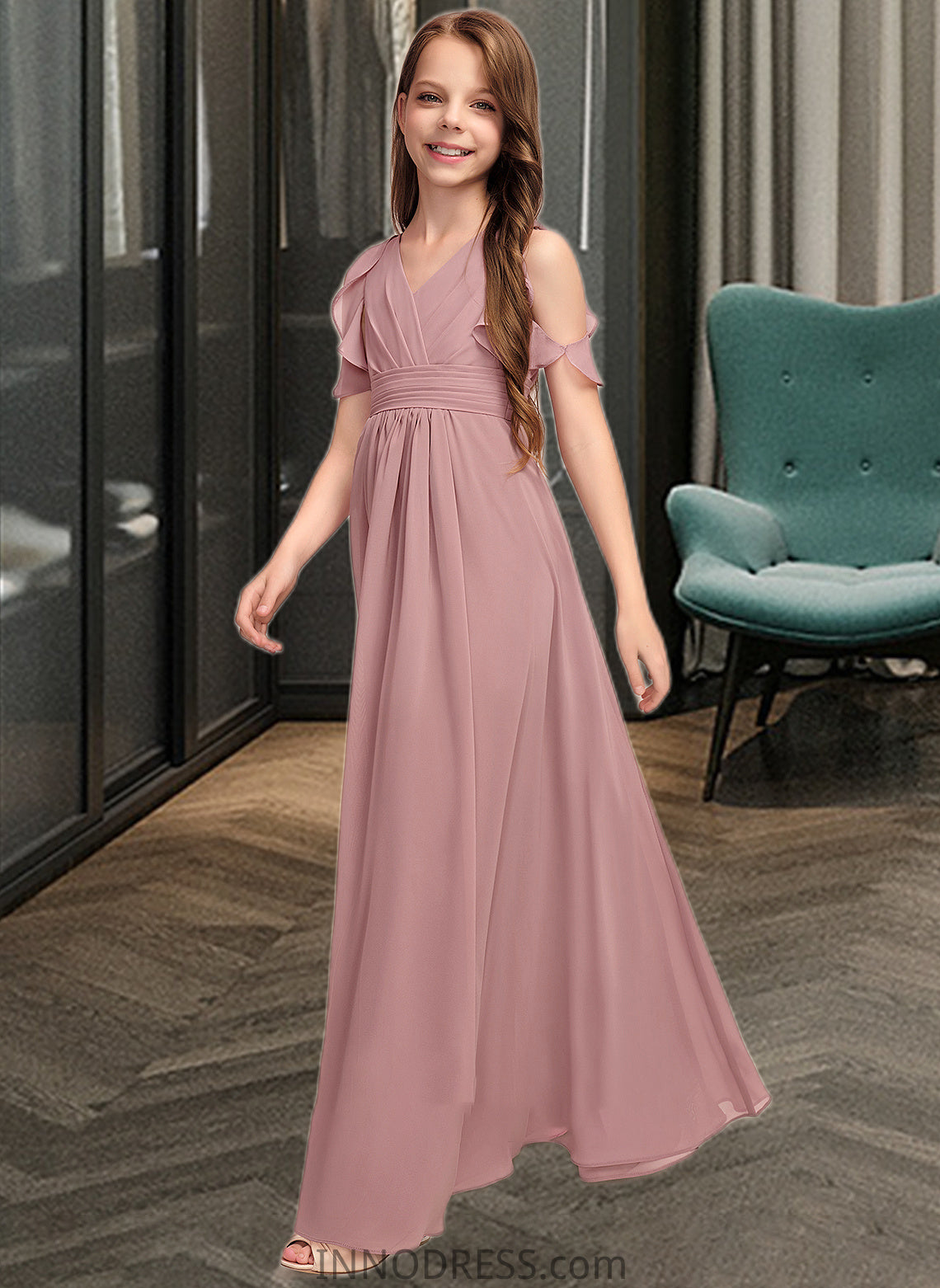 Shania A-Line V-neck Floor-Length Chiffon Junior Bridesmaid Dress With Cascading Ruffles DPP0013413