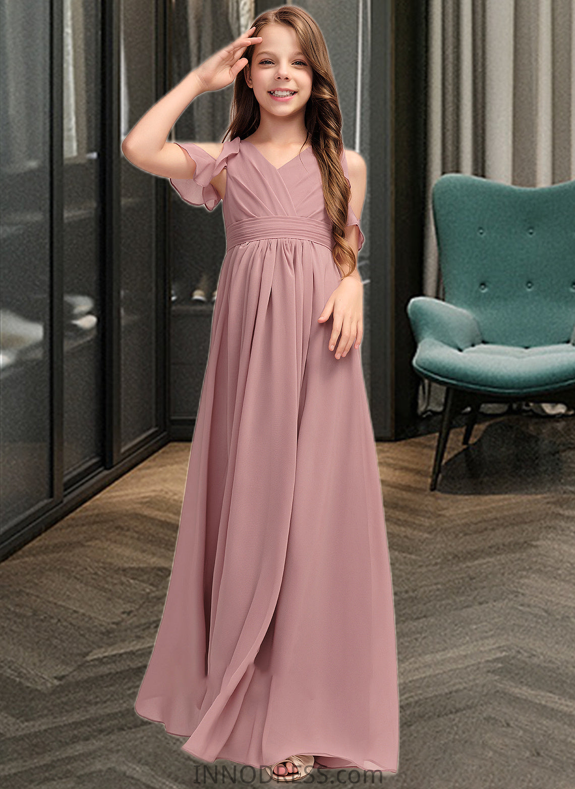 Shania A-Line V-neck Floor-Length Chiffon Junior Bridesmaid Dress With Cascading Ruffles DPP0013413