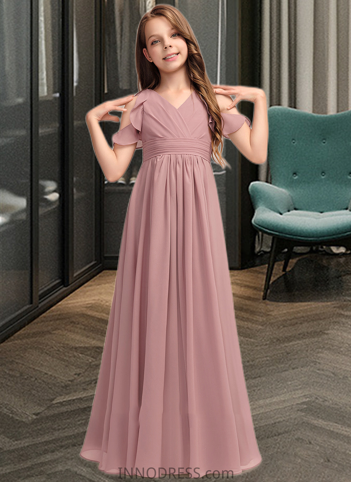 Shania A-Line V-neck Floor-Length Chiffon Junior Bridesmaid Dress With Cascading Ruffles DPP0013413