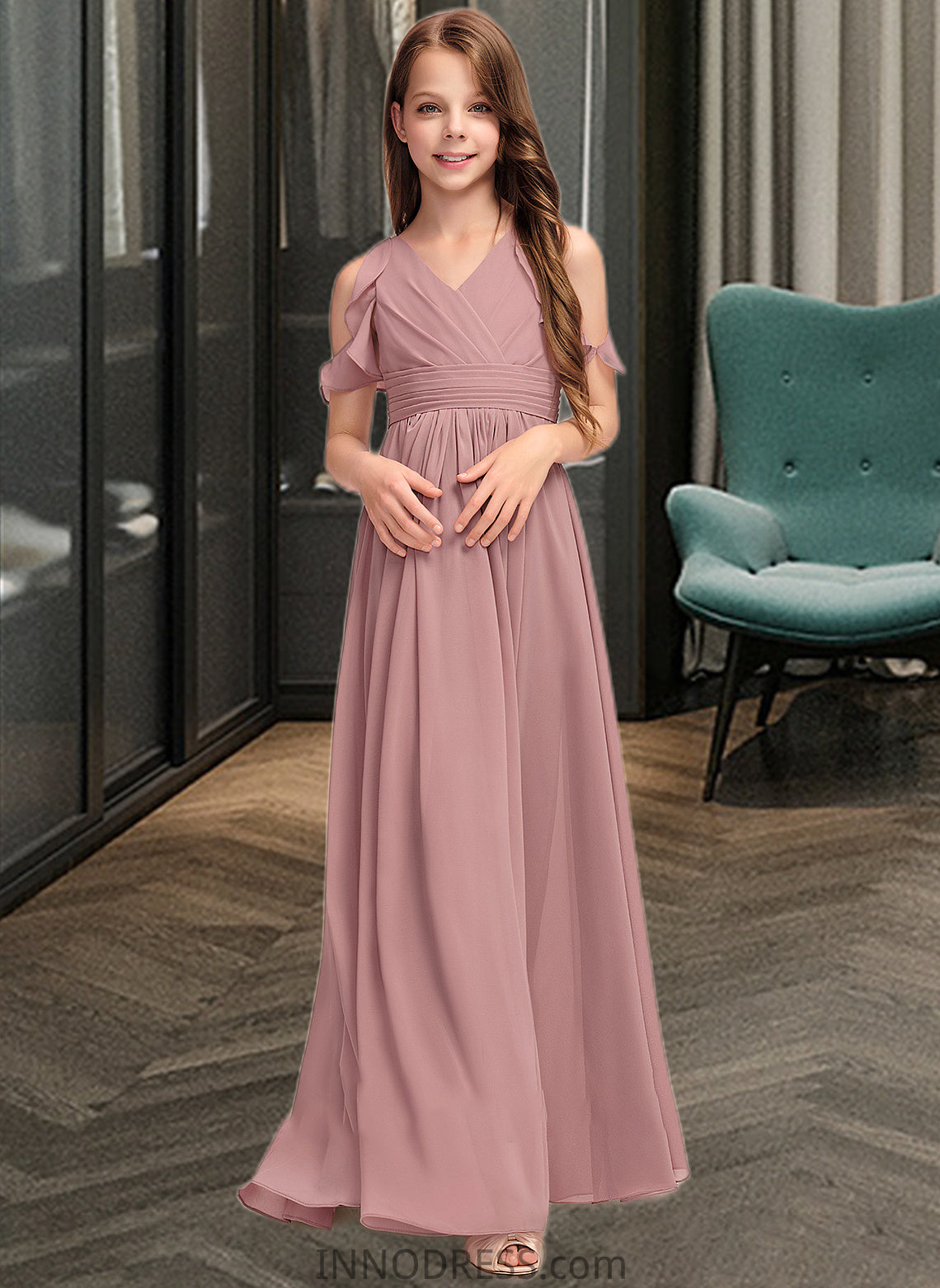 Shania A-Line V-neck Floor-Length Chiffon Junior Bridesmaid Dress With Cascading Ruffles DPP0013413