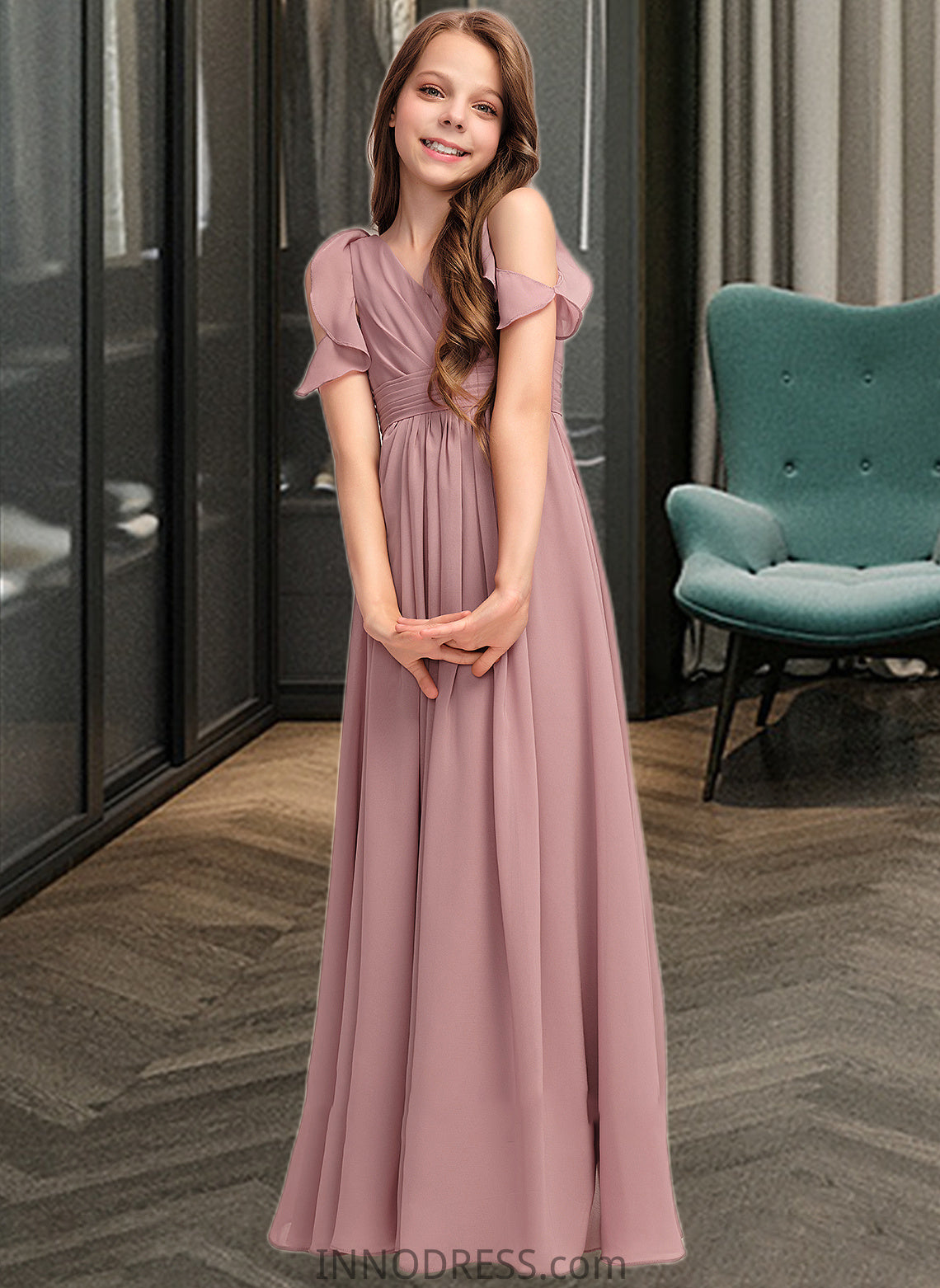 Shania A-Line V-neck Floor-Length Chiffon Junior Bridesmaid Dress With Cascading Ruffles DPP0013413