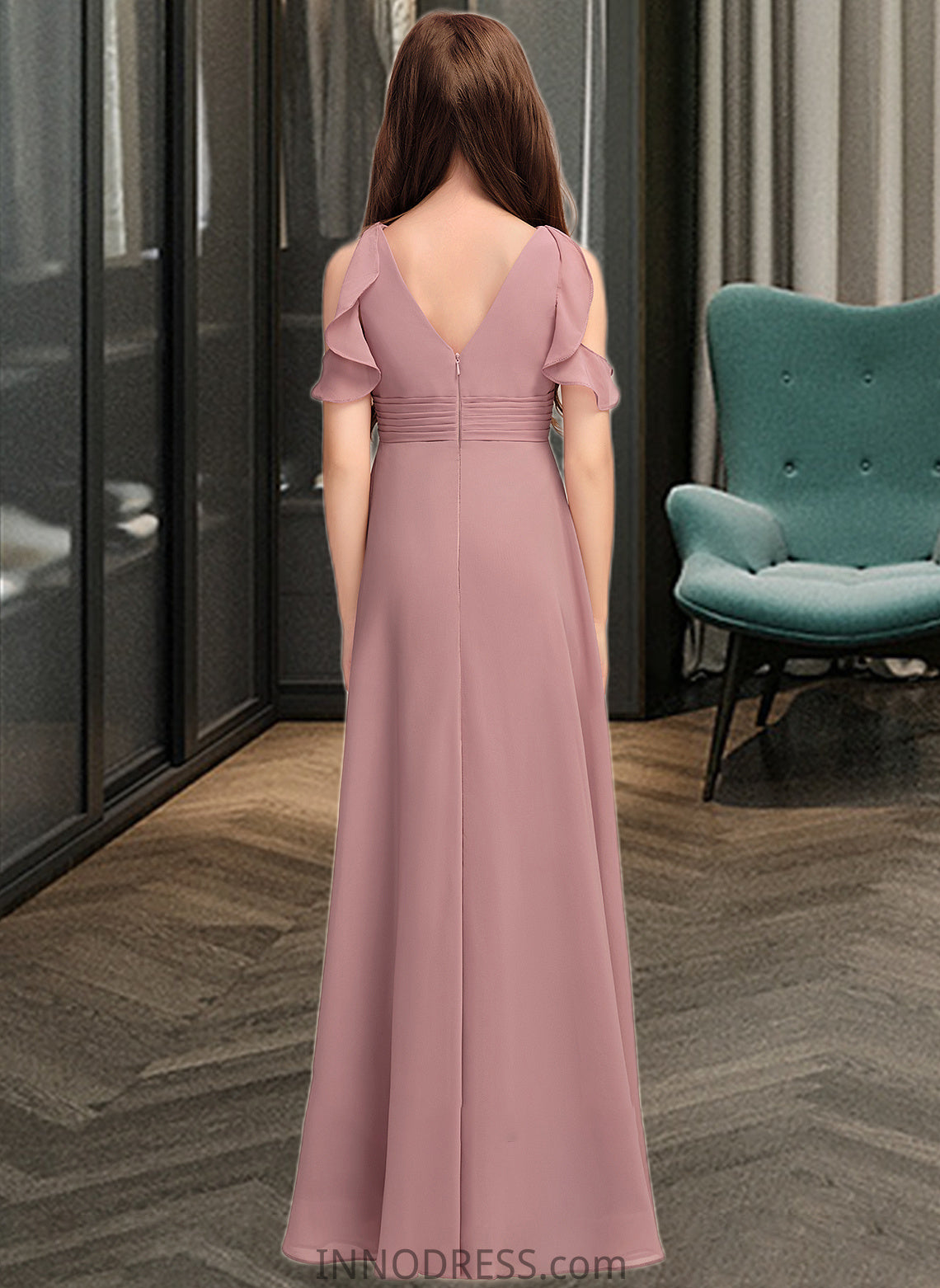 Shania A-Line V-neck Floor-Length Chiffon Junior Bridesmaid Dress With Cascading Ruffles DPP0013413