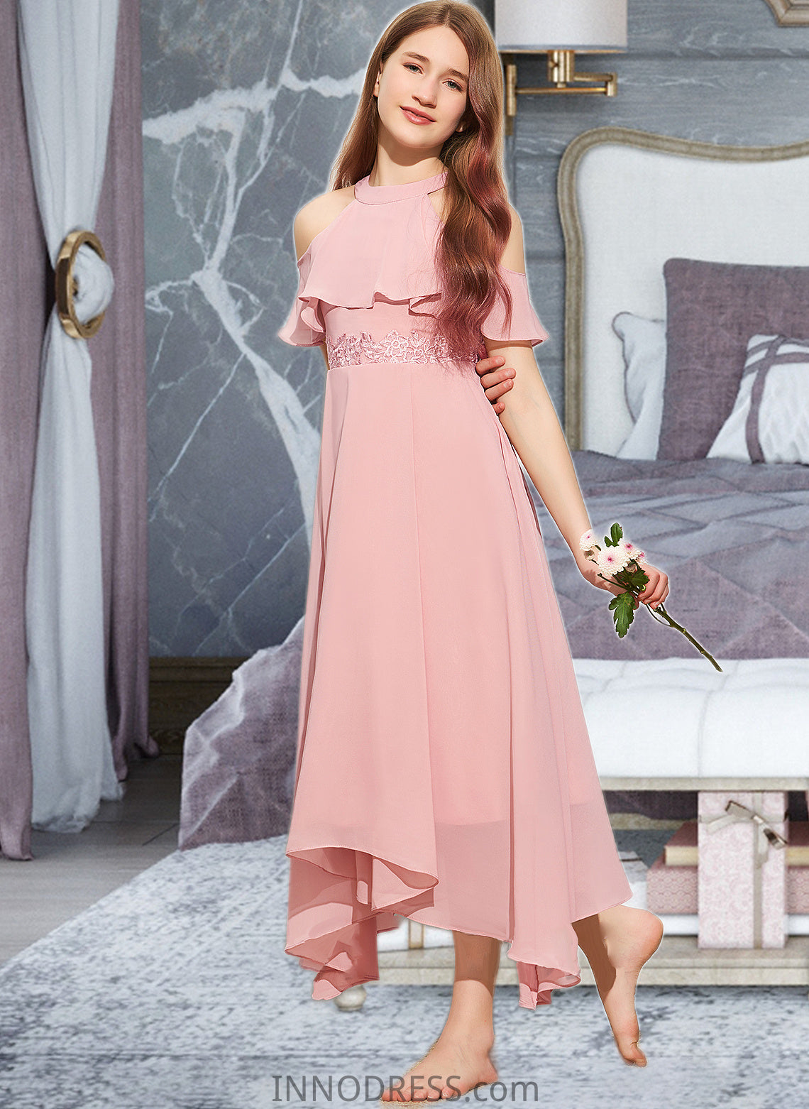 Aria A-Line Scoop Neck Tea-Length Chiffon Lace Junior Bridesmaid Dress DPP0013414