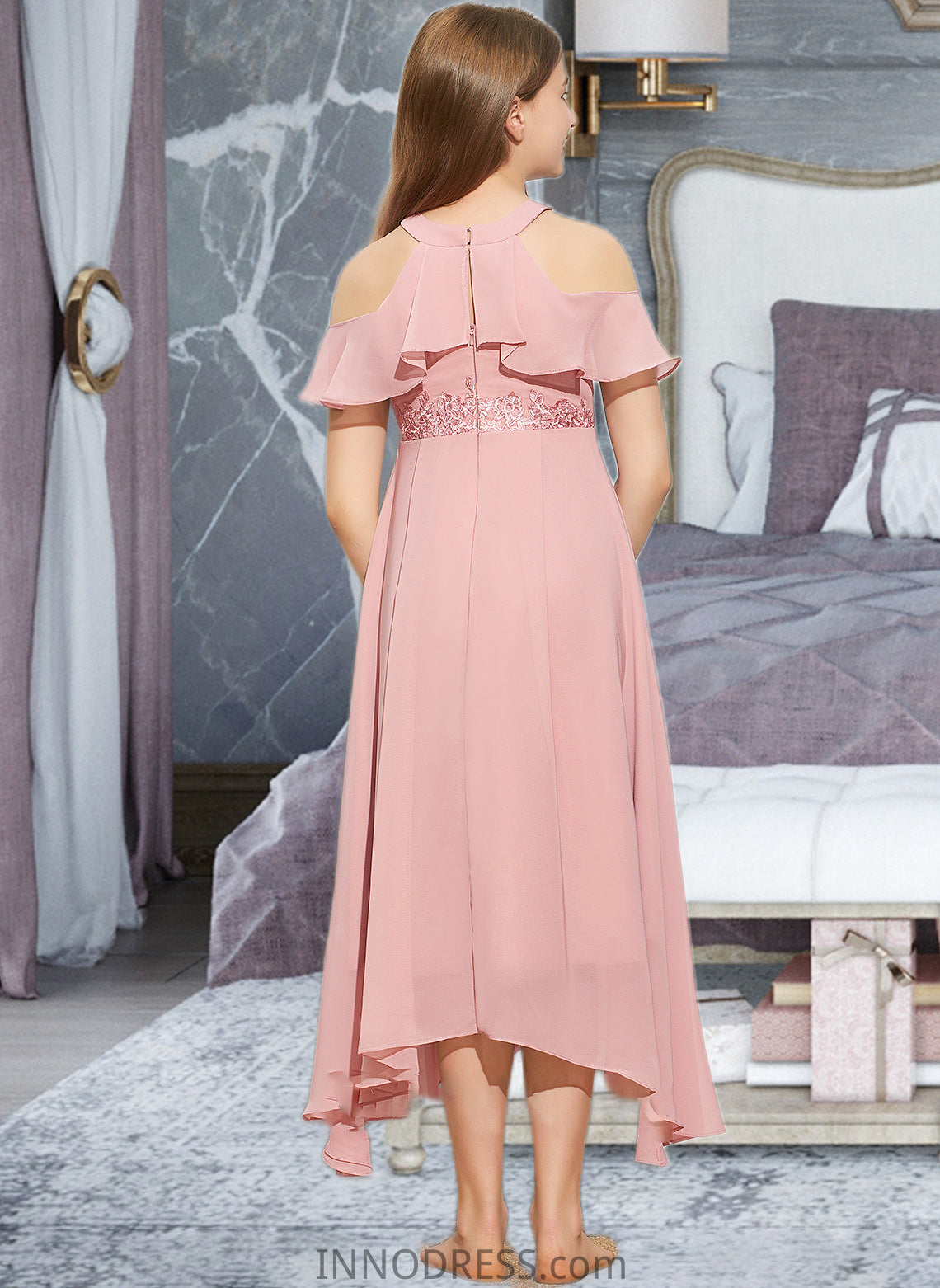 Aria A-Line Scoop Neck Tea-Length Chiffon Lace Junior Bridesmaid Dress DPP0013414