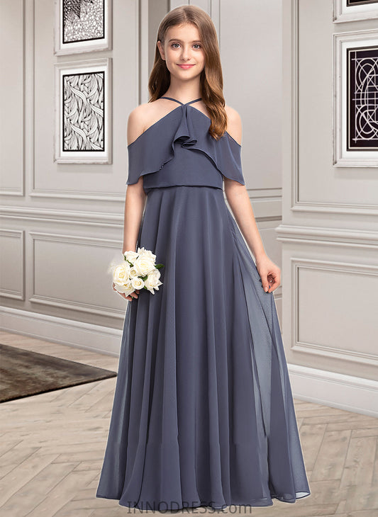 Mariah A-Line Off-the-Shoulder Floor-Length Chiffon Junior Bridesmaid Dress With Cascading Ruffles DPP0013415