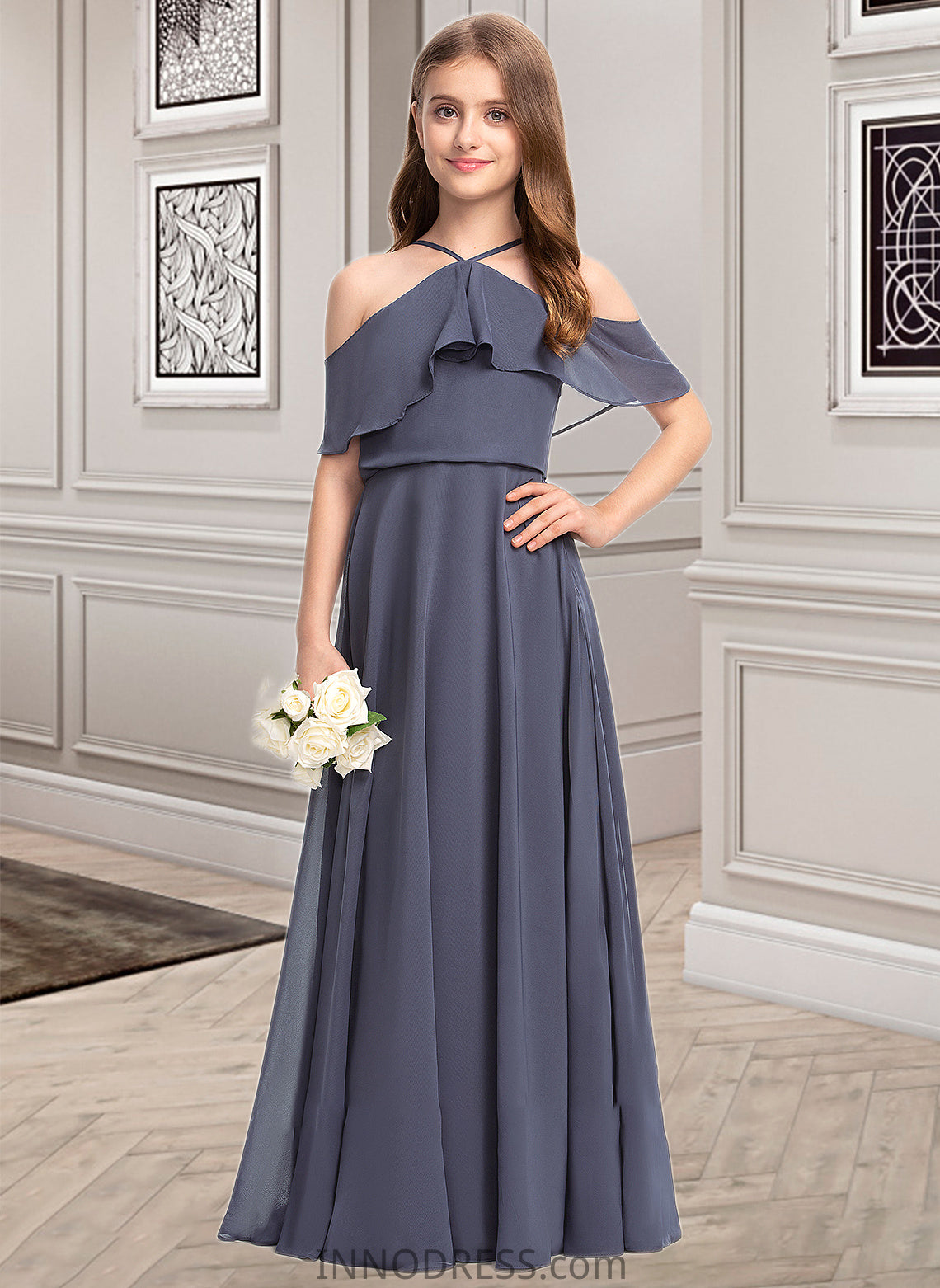 Mariah A-Line Off-the-Shoulder Floor-Length Chiffon Junior Bridesmaid Dress With Cascading Ruffles DPP0013415