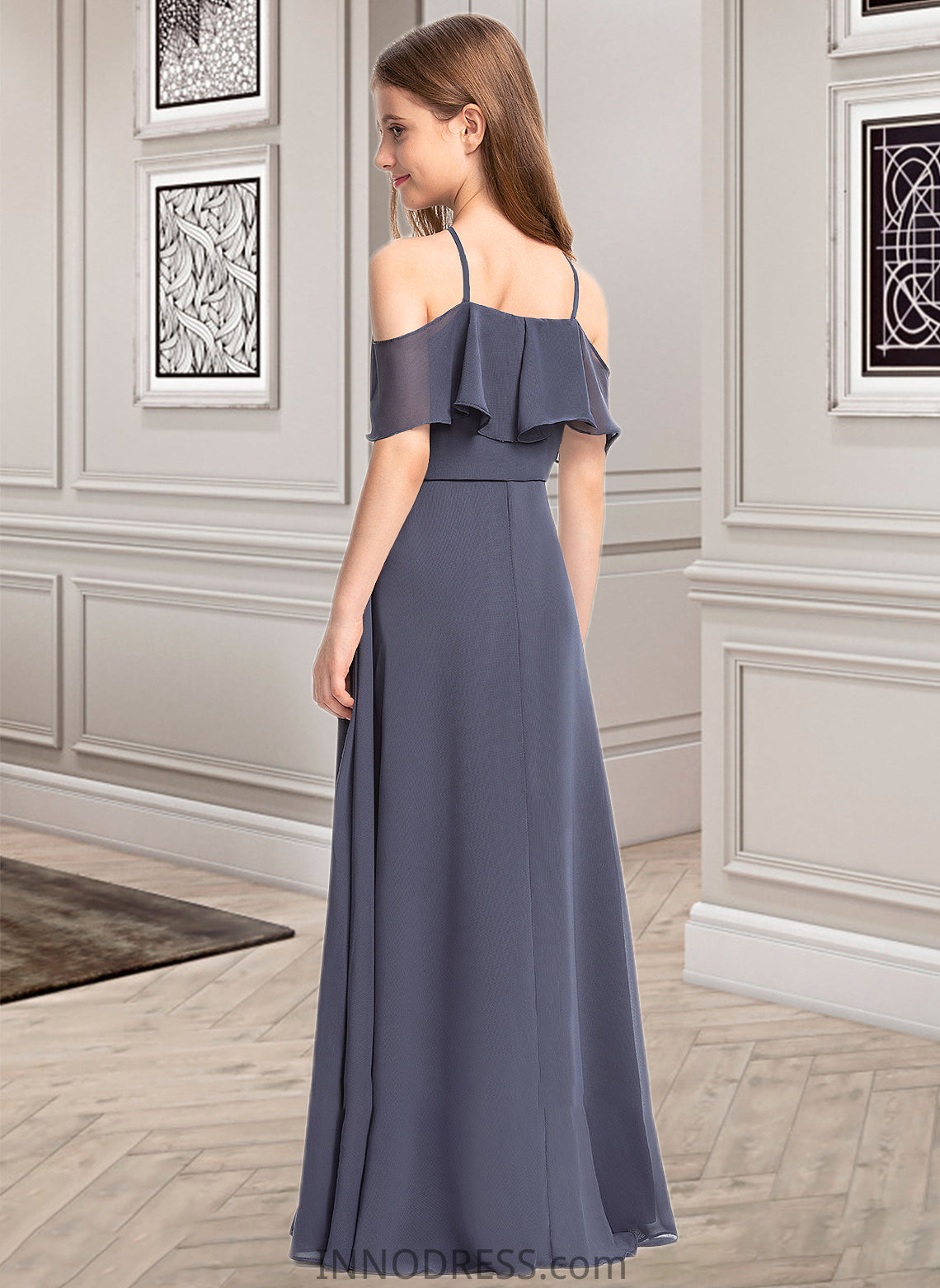 Mariah A-Line Off-the-Shoulder Floor-Length Chiffon Junior Bridesmaid Dress With Cascading Ruffles DPP0013415