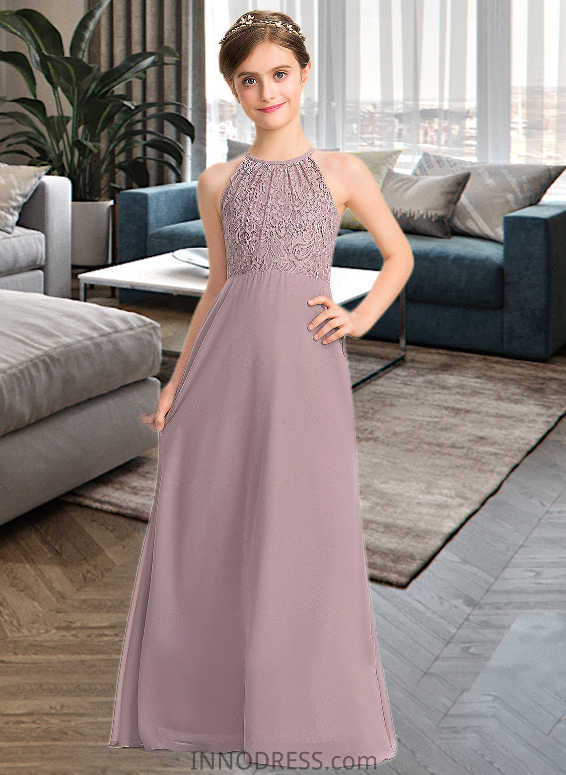 Kamila A-LineScoopNeckFloor-LengthChiffonLaceJuniorBridesmaidDressWithRuffle#173272 DPP0013416