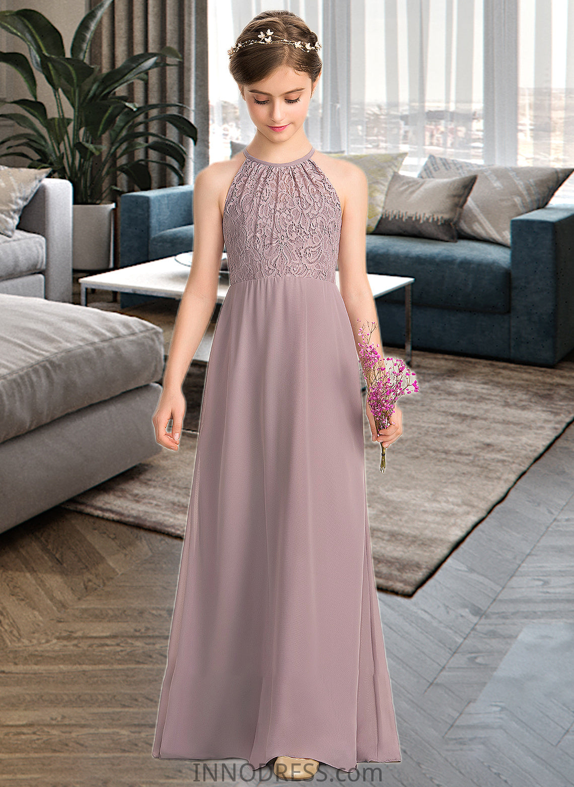 Kamila A-LineScoopNeckFloor-LengthChiffonLaceJuniorBridesmaidDressWithRuffle#173272 DPP0013416