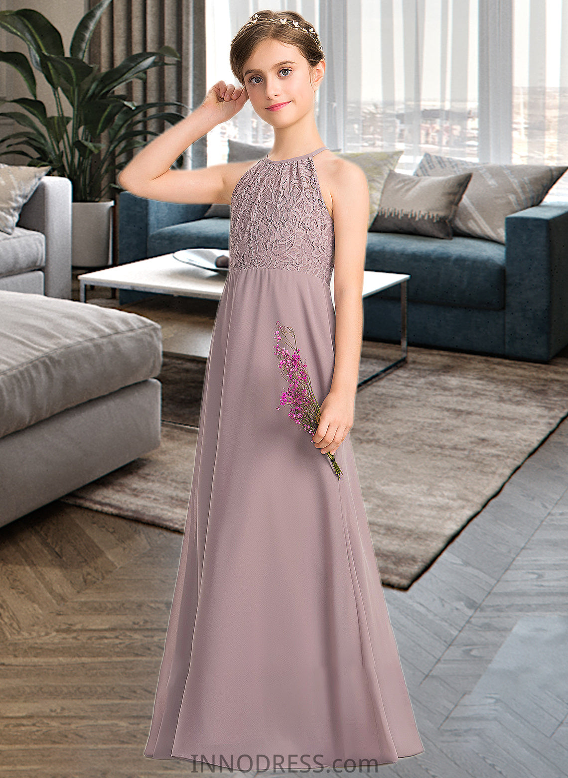 Kamila A-LineScoopNeckFloor-LengthChiffonLaceJuniorBridesmaidDressWithRuffle#173272 DPP0013416