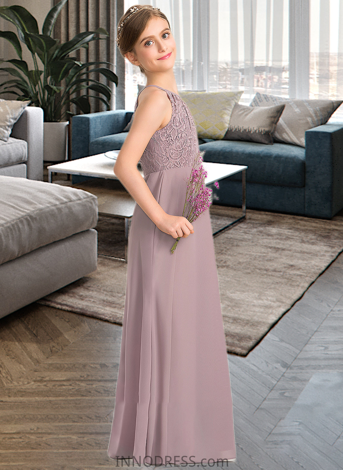 Kamila A-LineScoopNeckFloor-LengthChiffonLaceJuniorBridesmaidDressWithRuffle#173272 DPP0013416