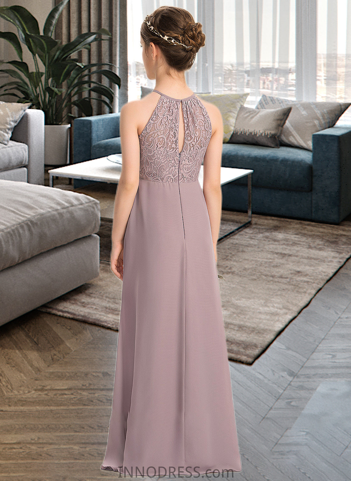 Kamila A-LineScoopNeckFloor-LengthChiffonLaceJuniorBridesmaidDressWithRuffle#173272 DPP0013416