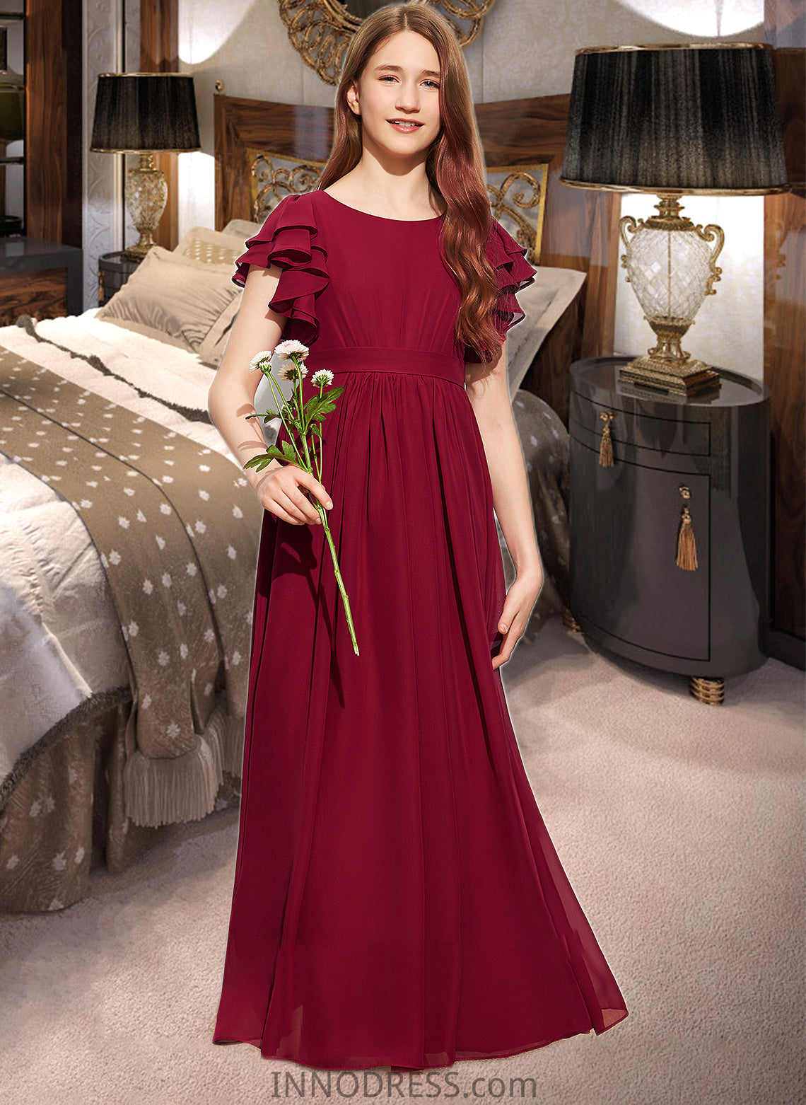 Emmalee A-Line Scoop Neck Floor-Length Chiffon Junior Bridesmaid Dress With Cascading Ruffles DPP0013417