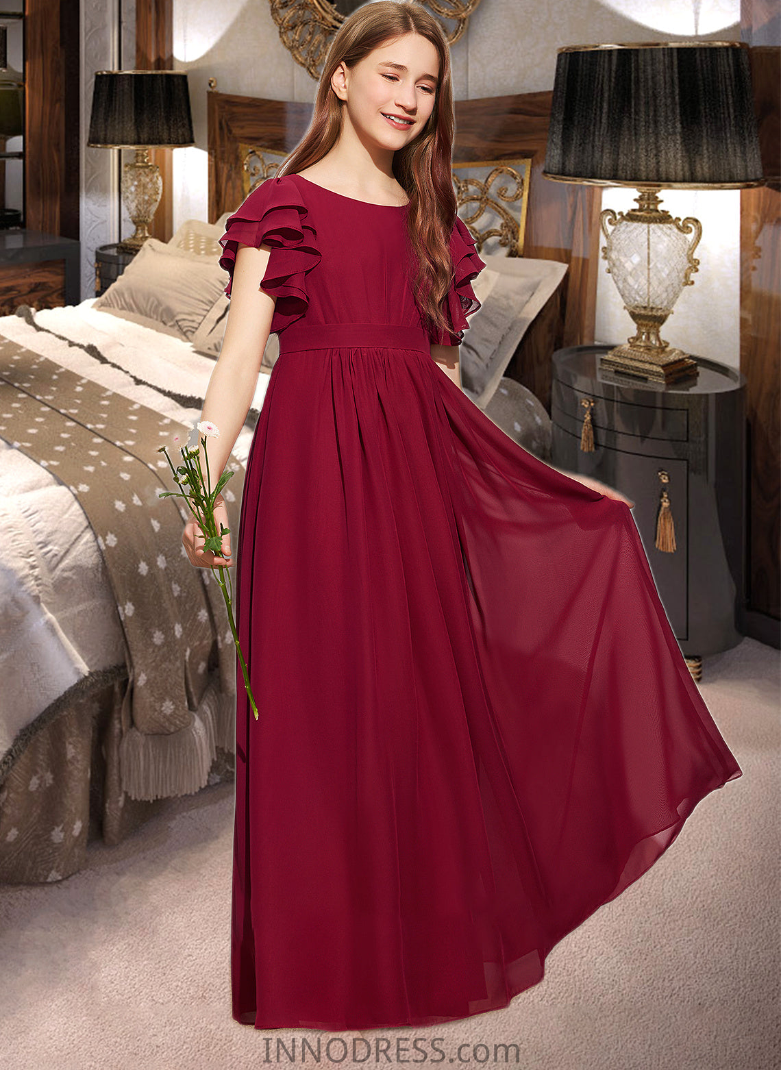 Emmalee A-Line Scoop Neck Floor-Length Chiffon Junior Bridesmaid Dress With Cascading Ruffles DPP0013417