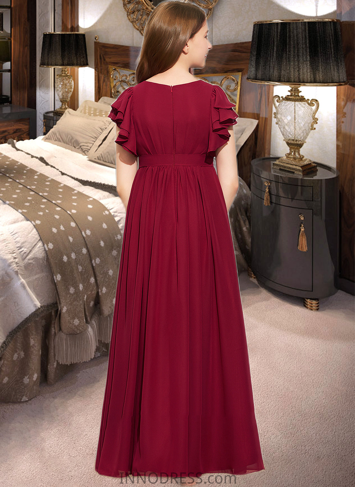 Emmalee A-Line Scoop Neck Floor-Length Chiffon Junior Bridesmaid Dress With Cascading Ruffles DPP0013417