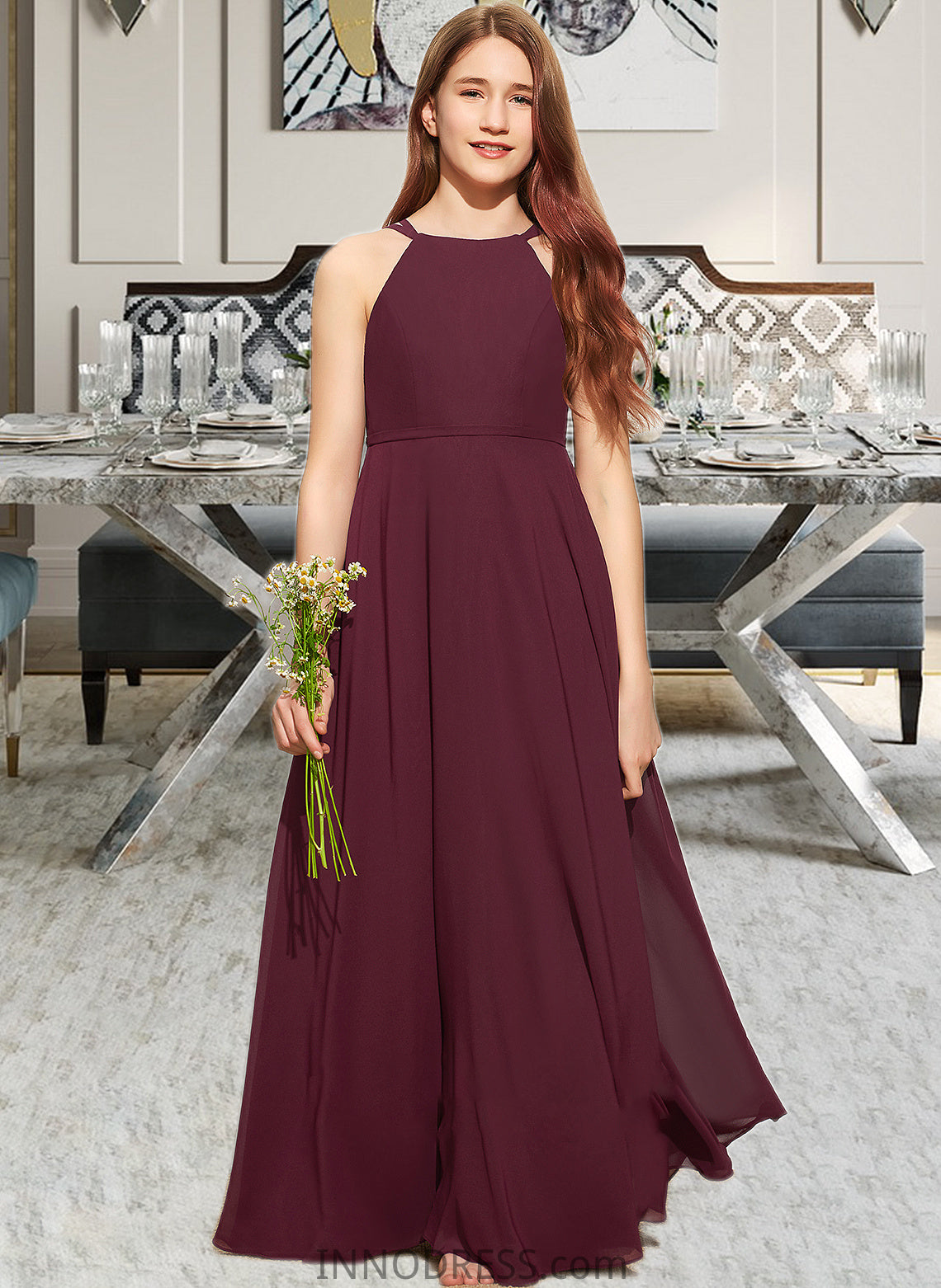 Brisa A-Line Scoop Neck Floor-Length Chiffon Junior Bridesmaid Dress DPP0013418