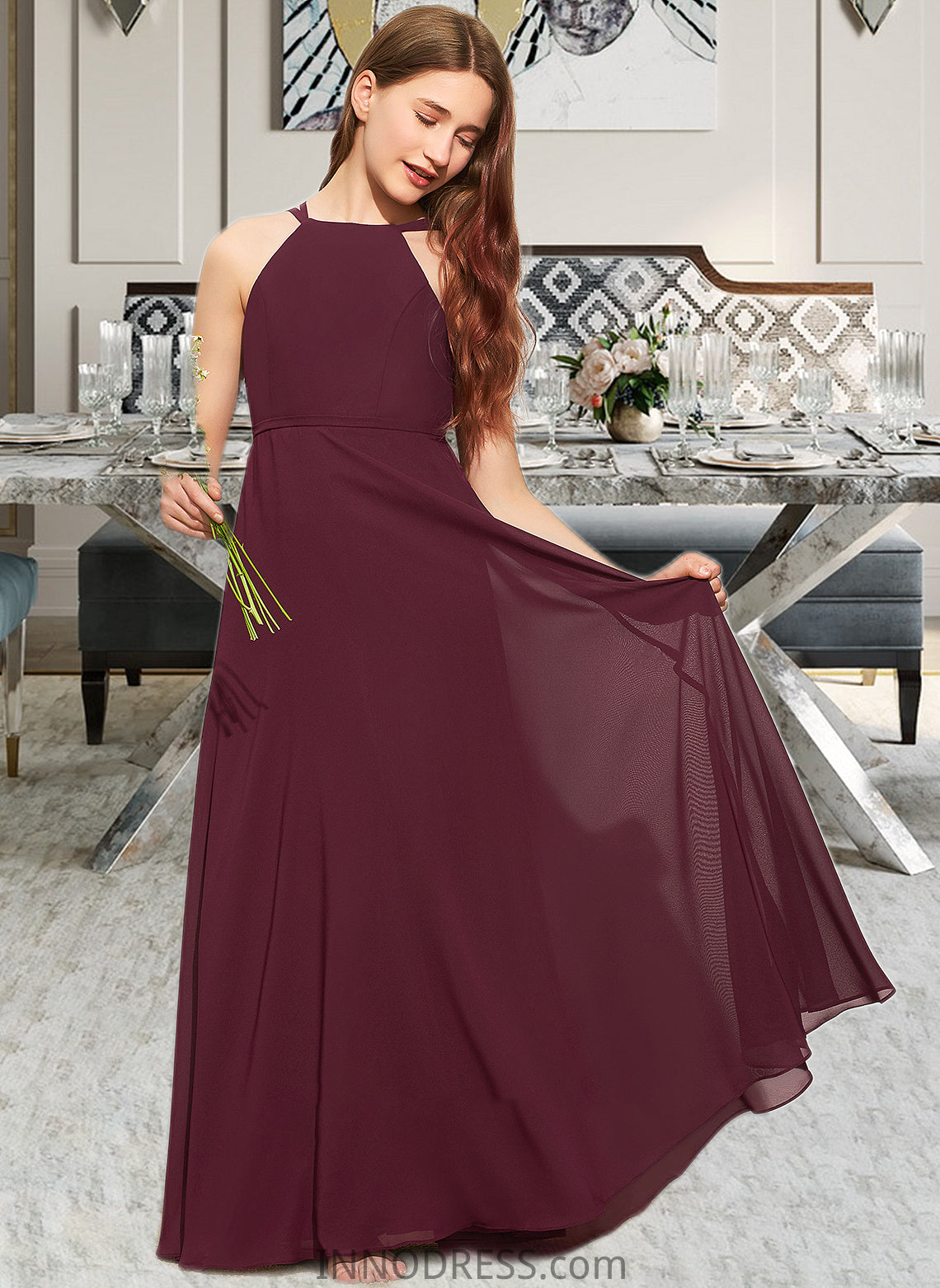 Brisa A-Line Scoop Neck Floor-Length Chiffon Junior Bridesmaid Dress DPP0013418