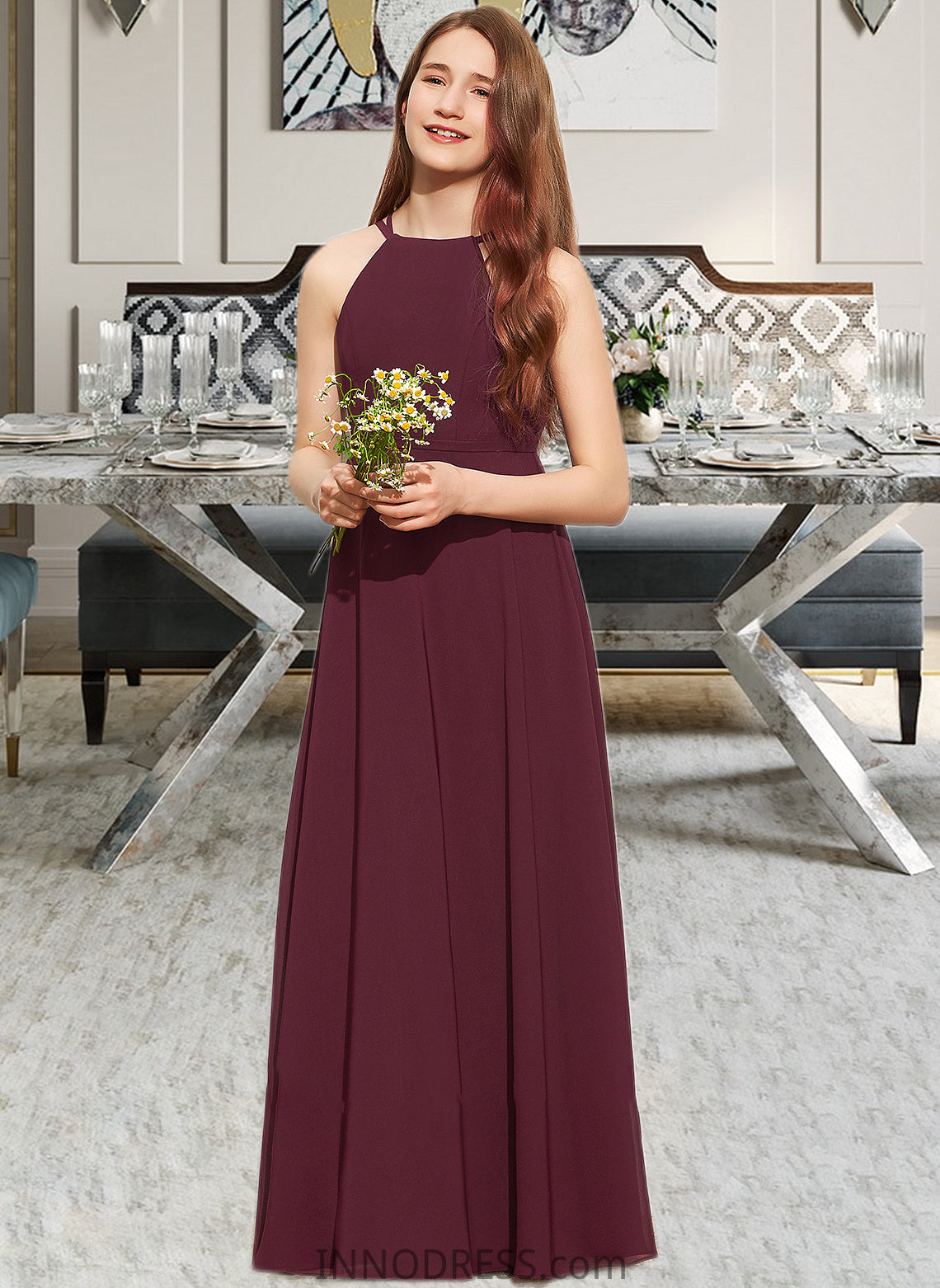 Brisa A-Line Scoop Neck Floor-Length Chiffon Junior Bridesmaid Dress DPP0013418