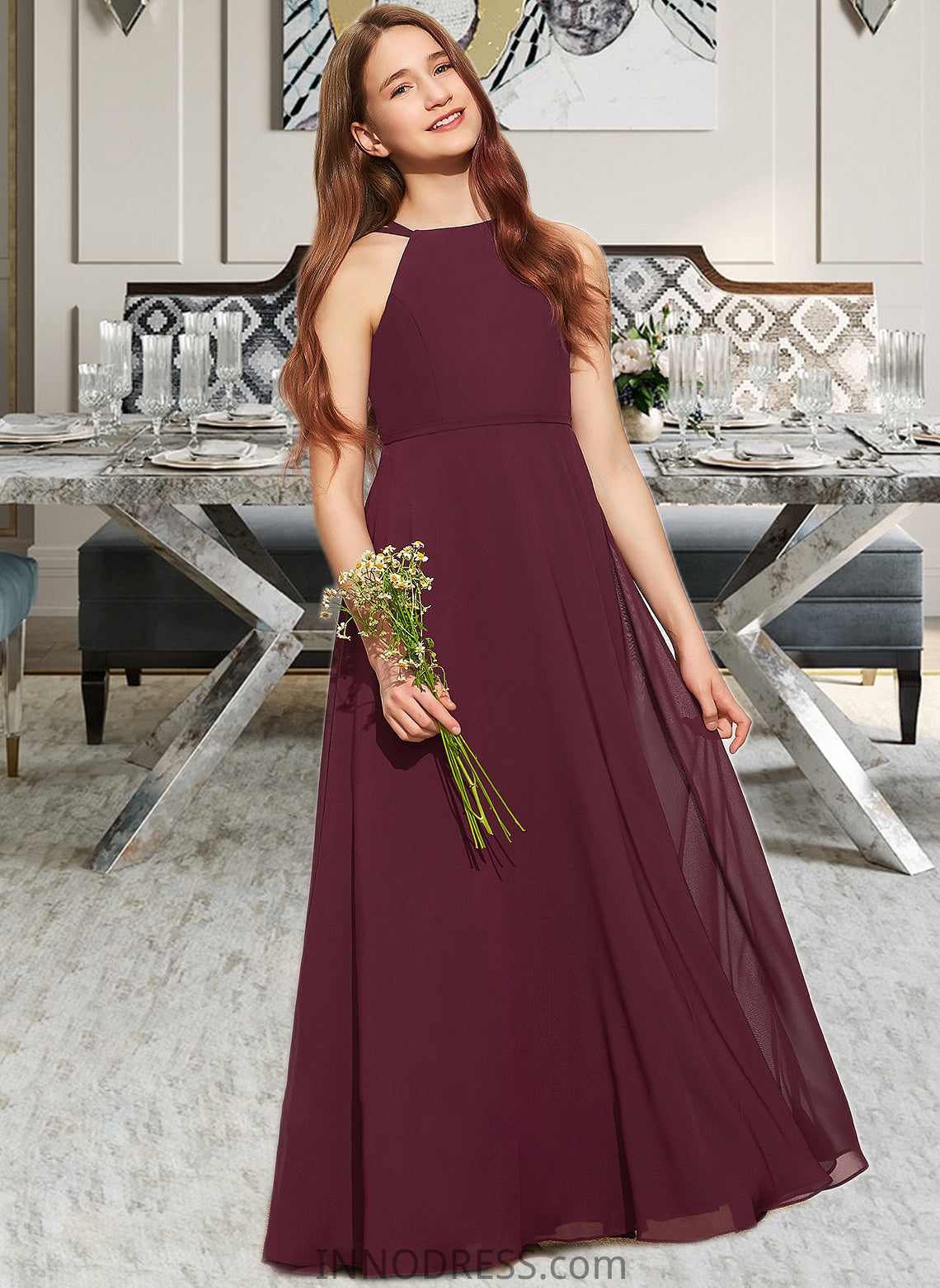 Brisa A-Line Scoop Neck Floor-Length Chiffon Junior Bridesmaid Dress DPP0013418