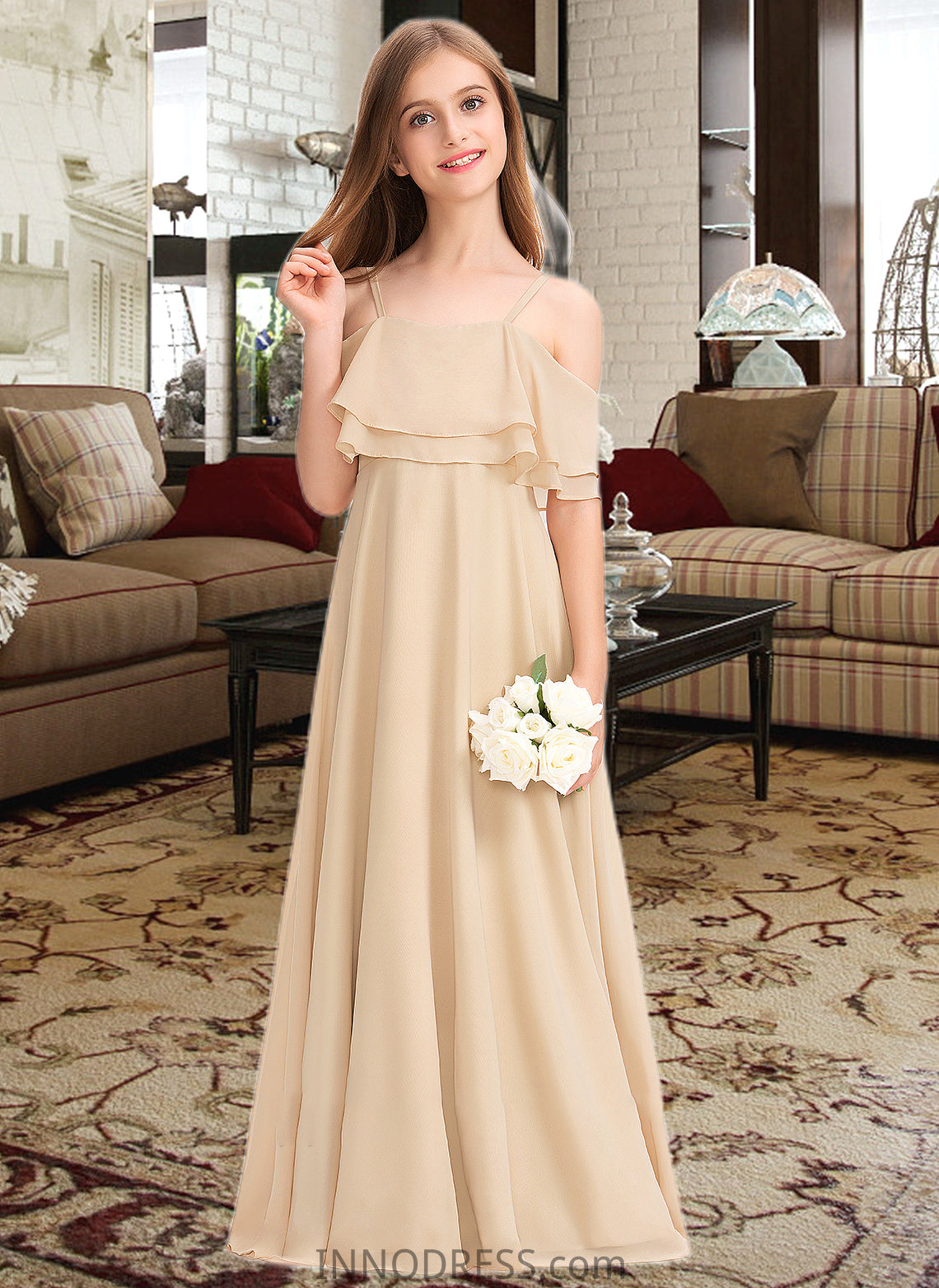 Madeline A-Line Off-the-Shoulder Floor-Length Chiffon Junior Bridesmaid Dress With Cascading Ruffles DPP0013419