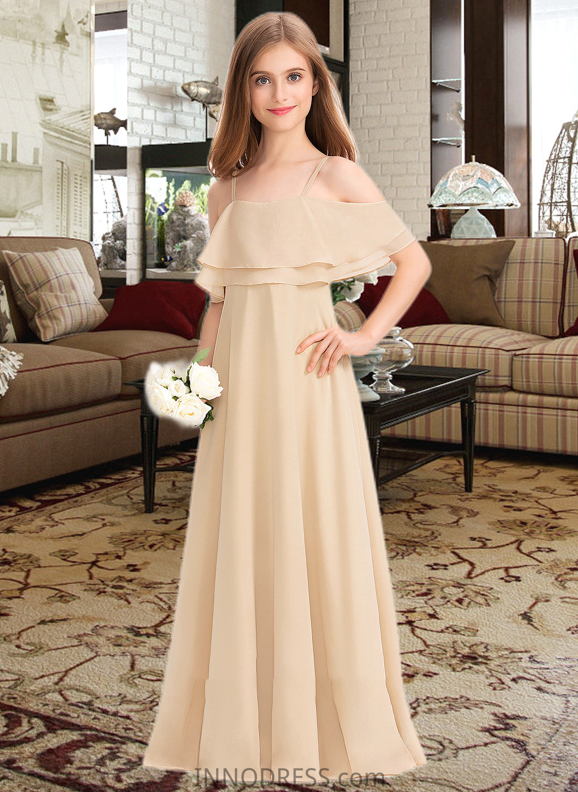 Madeline A-Line Off-the-Shoulder Floor-Length Chiffon Junior Bridesmaid Dress With Cascading Ruffles DPP0013419