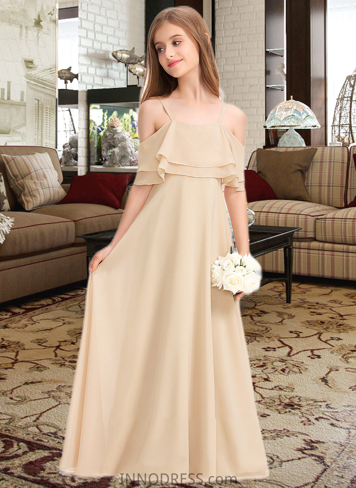 Madeline A-Line Off-the-Shoulder Floor-Length Chiffon Junior Bridesmaid Dress With Cascading Ruffles DPP0013419