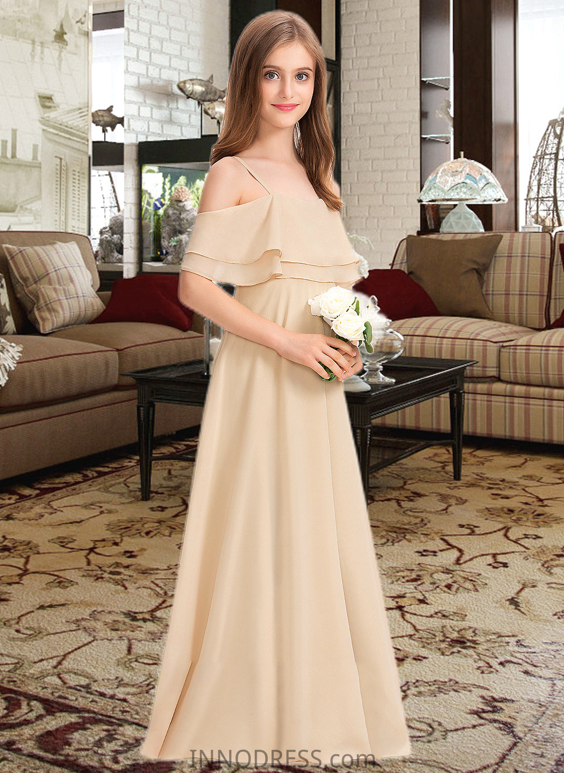 Madeline A-Line Off-the-Shoulder Floor-Length Chiffon Junior Bridesmaid Dress With Cascading Ruffles DPP0013419