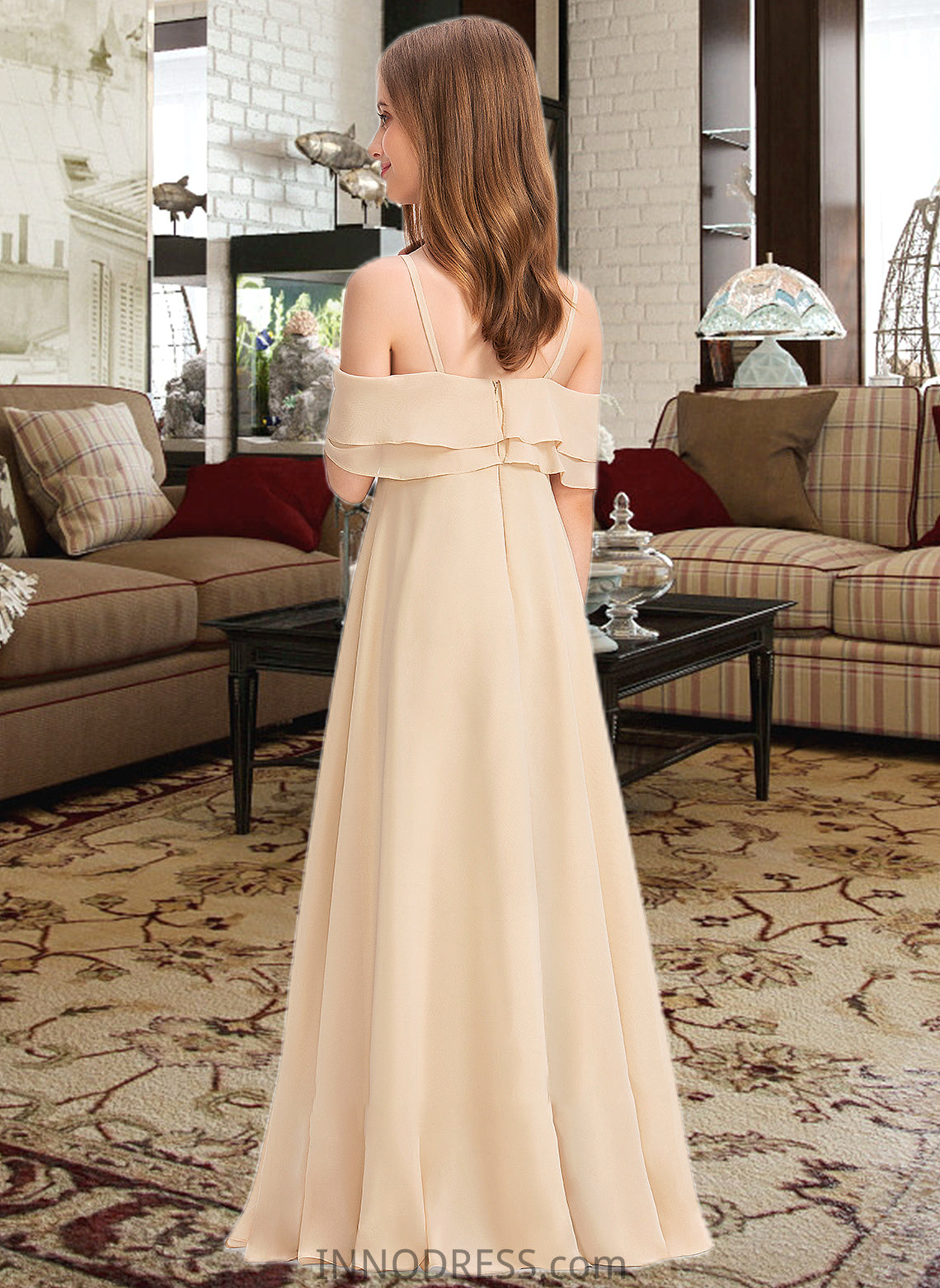 Madeline A-Line Off-the-Shoulder Floor-Length Chiffon Junior Bridesmaid Dress With Cascading Ruffles DPP0013419