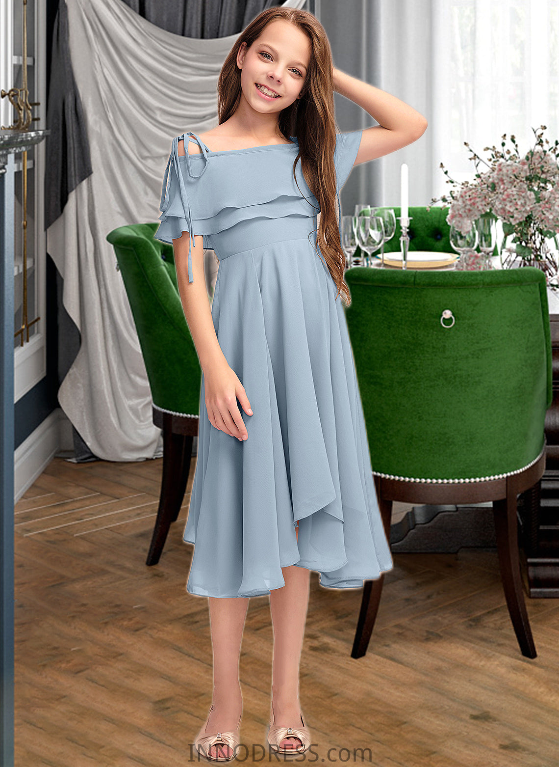 Alula A-Line Off-the-Shoulder Asymmetrical Chiffon Junior Bridesmaid Dress With Cascading Ruffles DPP0013420