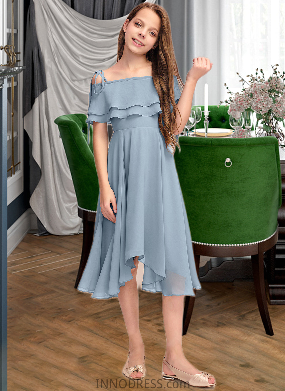 Alula A-Line Off-the-Shoulder Asymmetrical Chiffon Junior Bridesmaid Dress With Cascading Ruffles DPP0013420