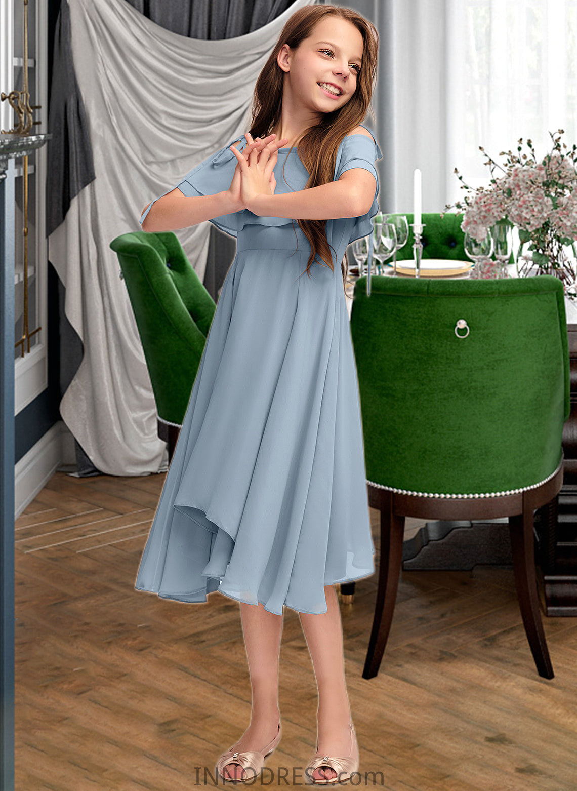 Alula A-Line Off-the-Shoulder Asymmetrical Chiffon Junior Bridesmaid Dress With Cascading Ruffles DPP0013420