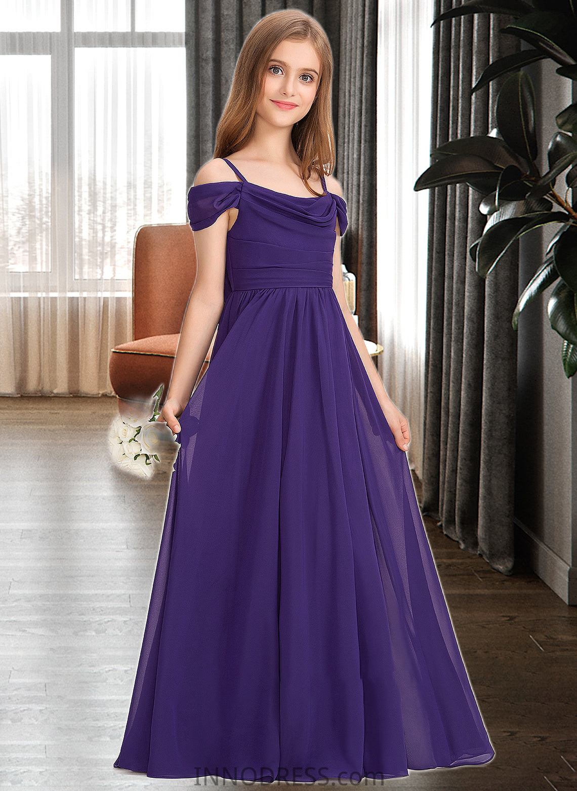 Jazlyn A-Line Off-the-Shoulder Floor-Length Chiffon Junior Bridesmaid Dress With Ruffle DPP0013421