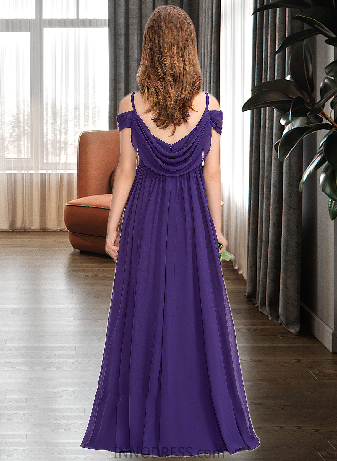 Jazlyn A-Line Off-the-Shoulder Floor-Length Chiffon Junior Bridesmaid Dress With Ruffle DPP0013421