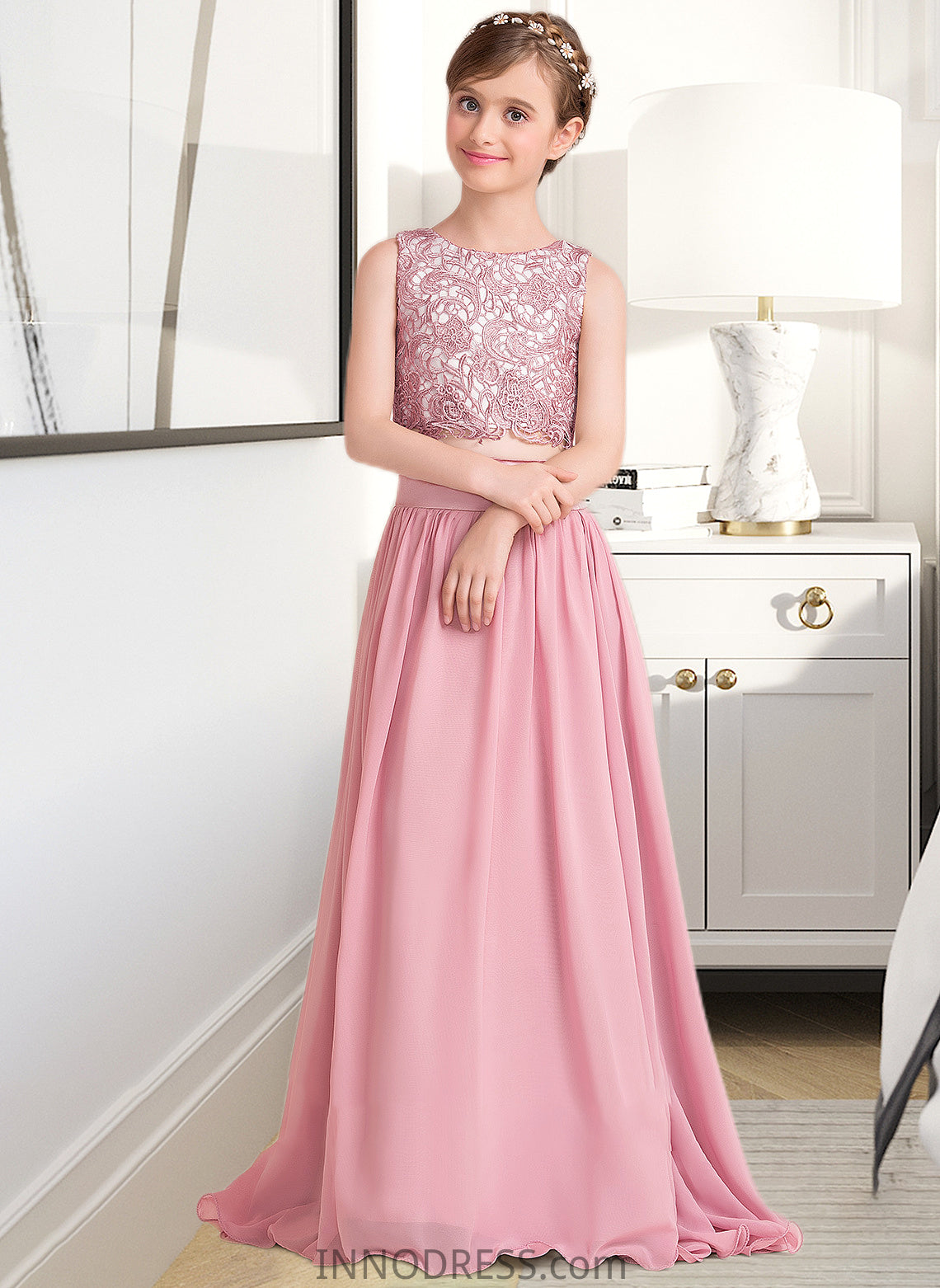 Dulce A-LineScoopNeckFloor-LengthChiffonJuniorBridesmaidDress#130498 DPP0013424