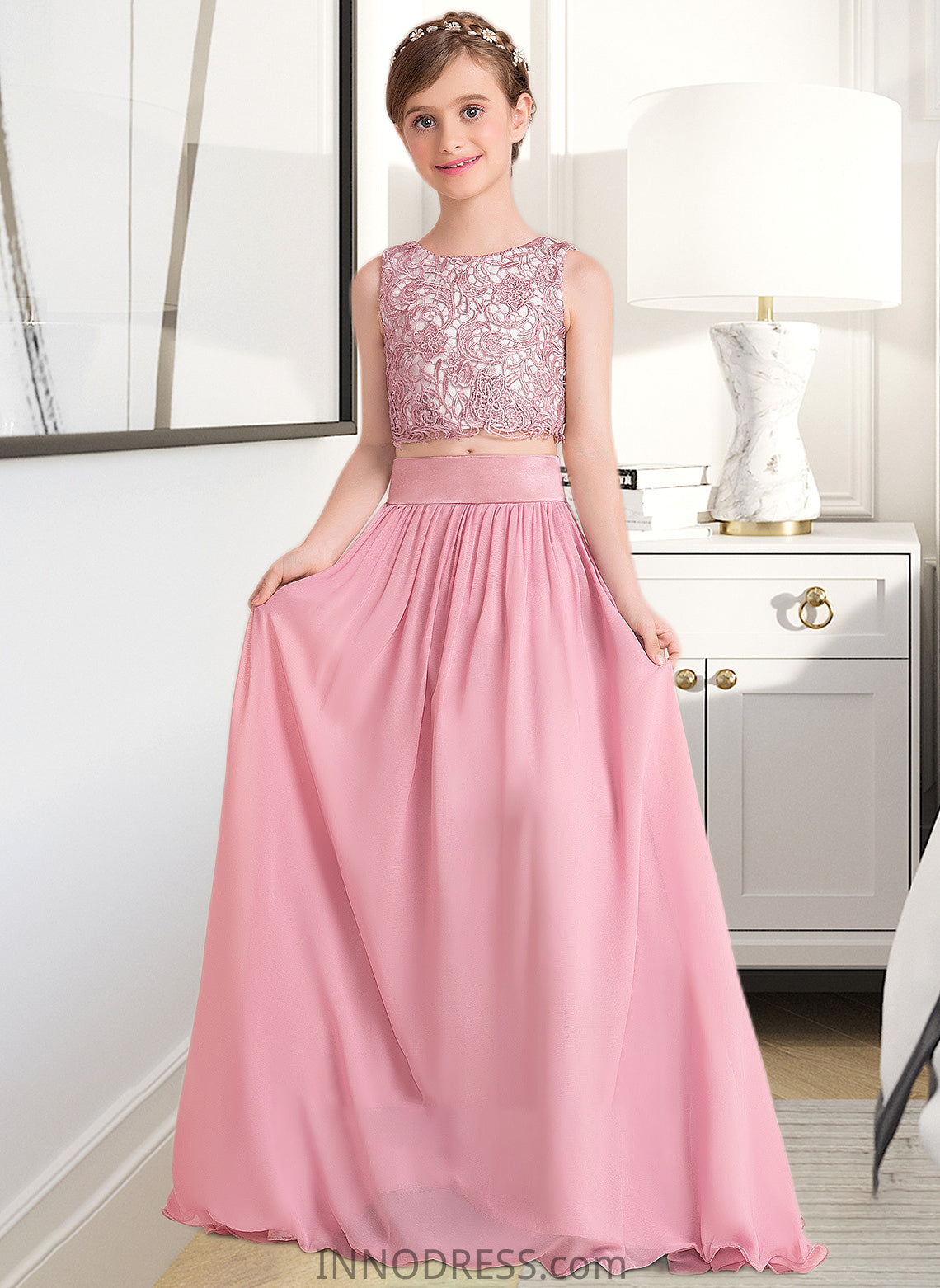 Dulce A-LineScoopNeckFloor-LengthChiffonJuniorBridesmaidDress#130498 DPP0013424