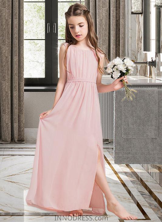 Yvonne A-Line Scoop Neck Floor-Length Chiffon Junior Bridesmaid Dress With Ruffle Split Front DPP0013425