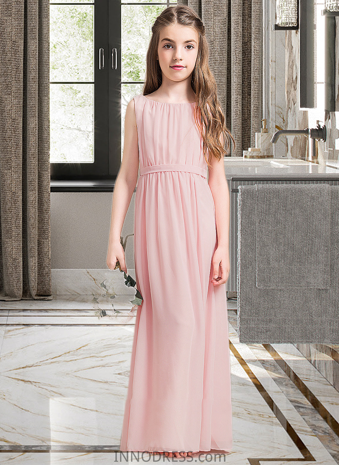 Yvonne A-Line Scoop Neck Floor-Length Chiffon Junior Bridesmaid Dress With Ruffle Split Front DPP0013425