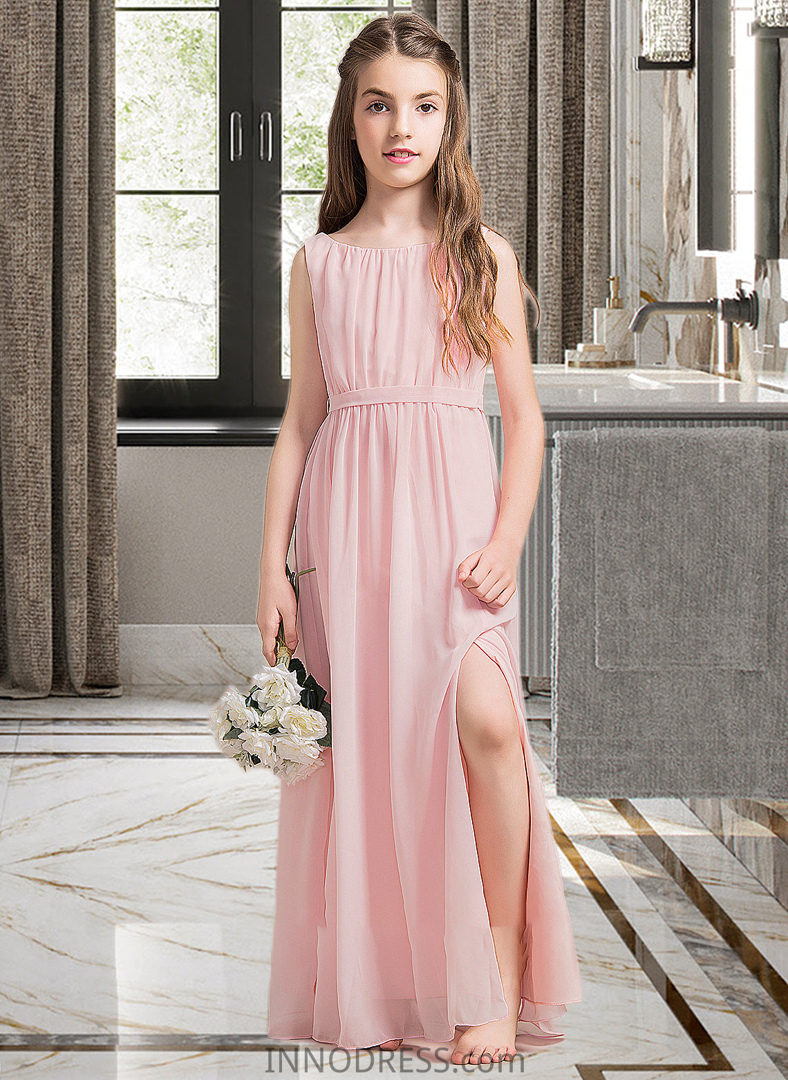 Yvonne A-Line Scoop Neck Floor-Length Chiffon Junior Bridesmaid Dress With Ruffle Split Front DPP0013425