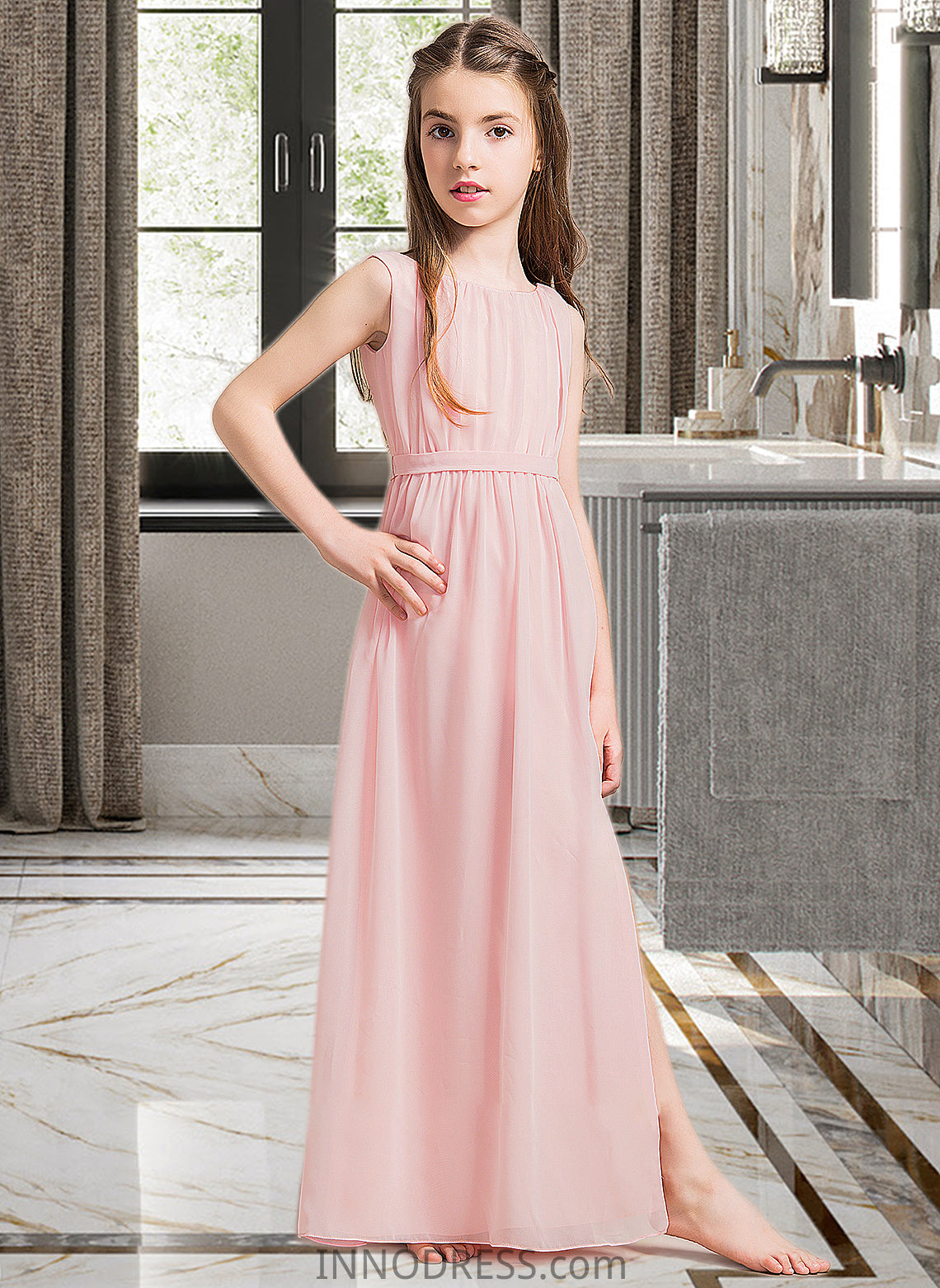 Yvonne A-Line Scoop Neck Floor-Length Chiffon Junior Bridesmaid Dress With Ruffle Split Front DPP0013425