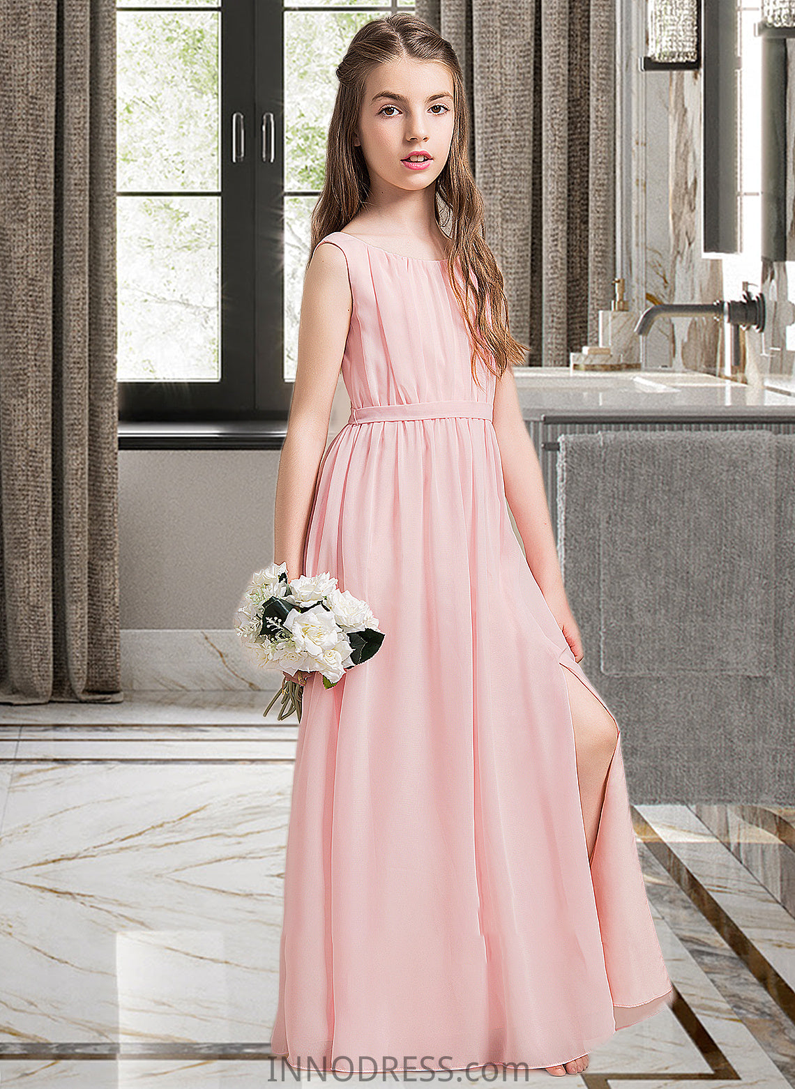 Yvonne A-Line Scoop Neck Floor-Length Chiffon Junior Bridesmaid Dress With Ruffle Split Front DPP0013425