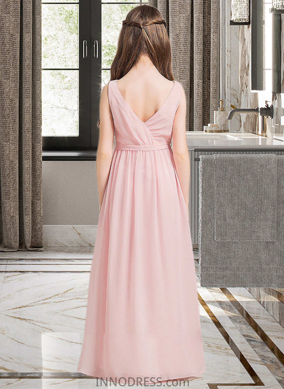 Yvonne A-Line Scoop Neck Floor-Length Chiffon Junior Bridesmaid Dress With Ruffle Split Front DPP0013425