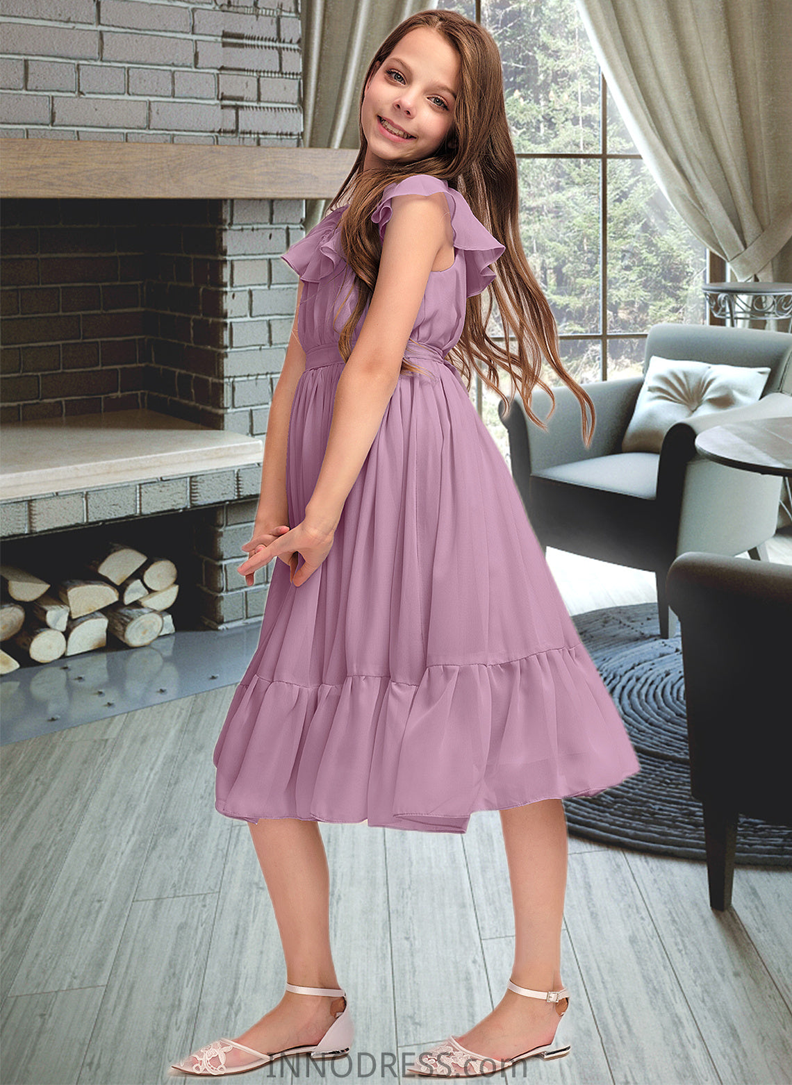 Frida A-Line Scoop Neck Knee-Length Chiffon Junior Bridesmaid Dress With Bow(s) Cascading Ruffles DPP0013426