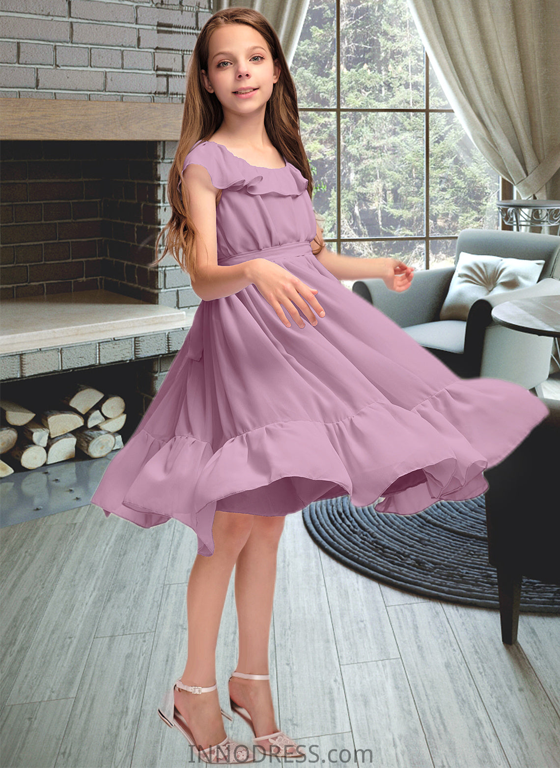 Frida A-Line Scoop Neck Knee-Length Chiffon Junior Bridesmaid Dress With Bow(s) Cascading Ruffles DPP0013426