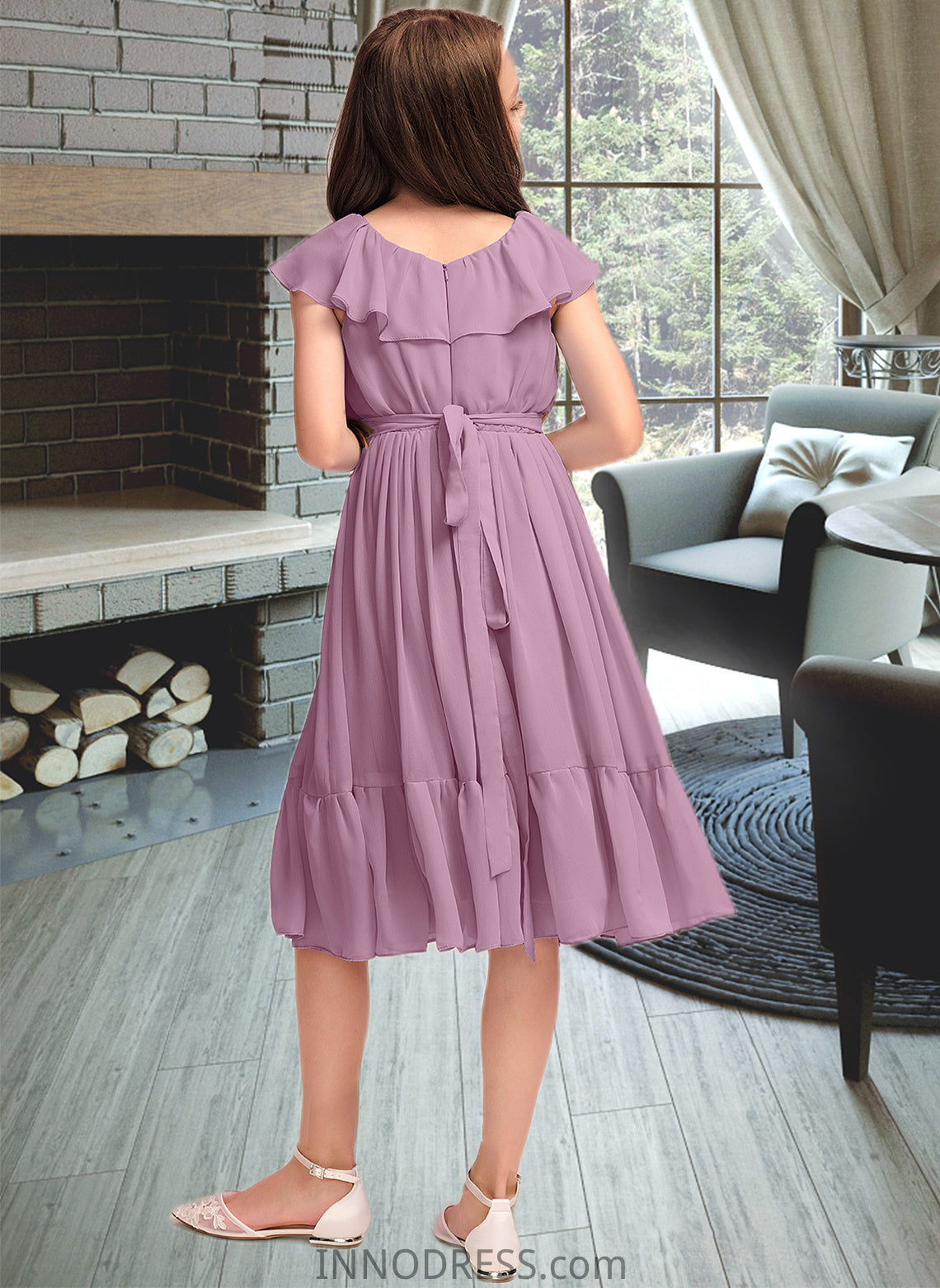 Frida A-Line Scoop Neck Knee-Length Chiffon Junior Bridesmaid Dress With Bow(s) Cascading Ruffles DPP0013426